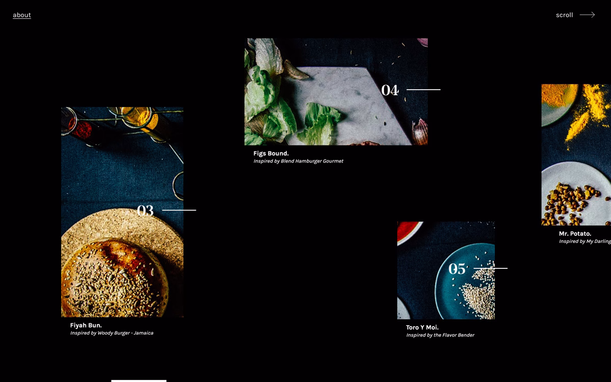 A dark, minimalist layout showcases various dishes and ingredients on textured surfaces, with vibrant colors adding contrast.