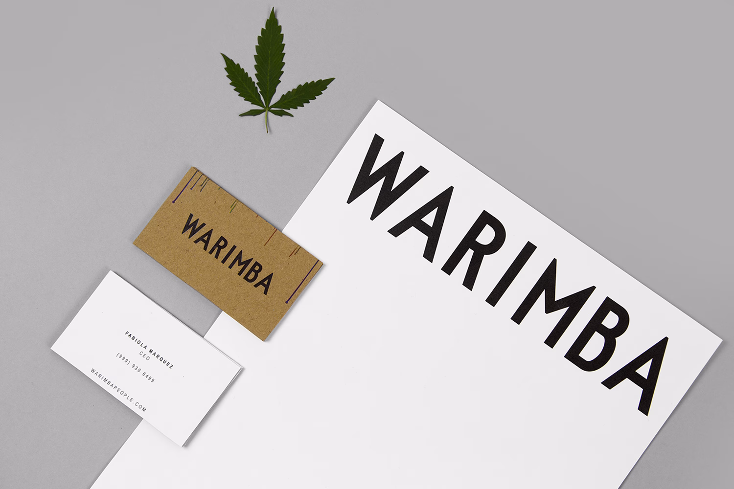 A green cannabis leaf rests beside business cards and a letterhead featuring bold black typography on white paper.