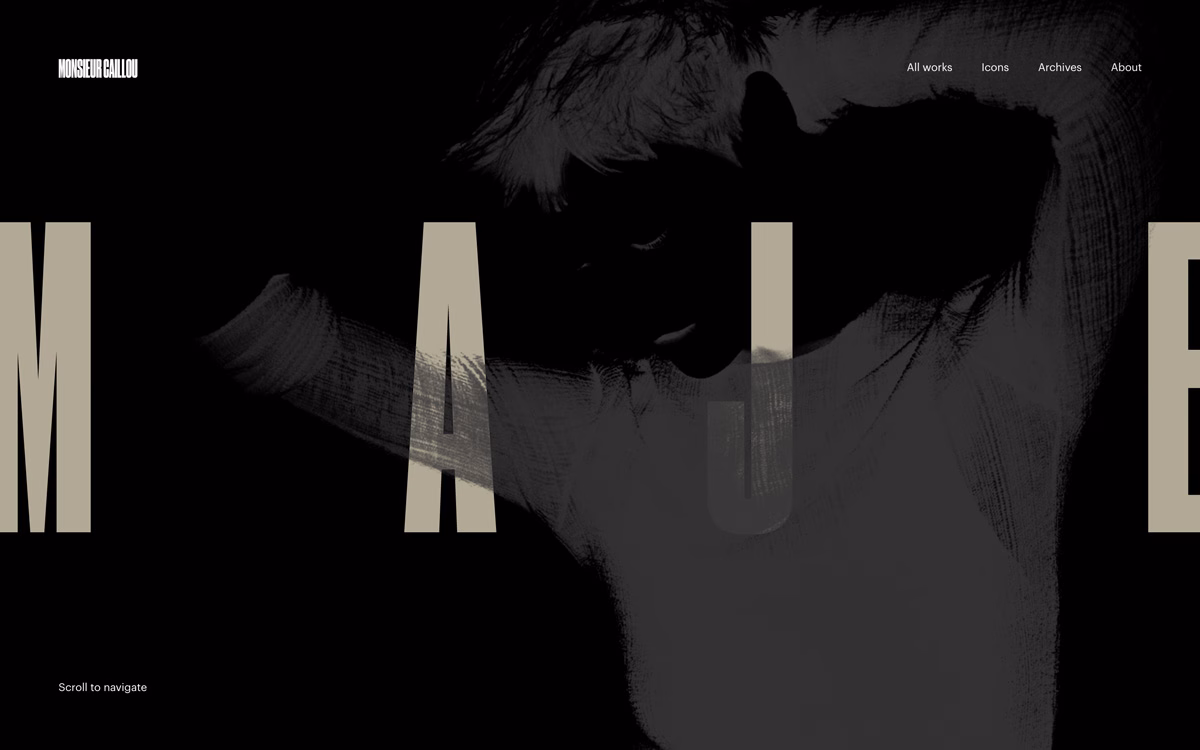 A stark black background features large, bold beige letters spelling "MAJE," with a blurred figure partially visible.