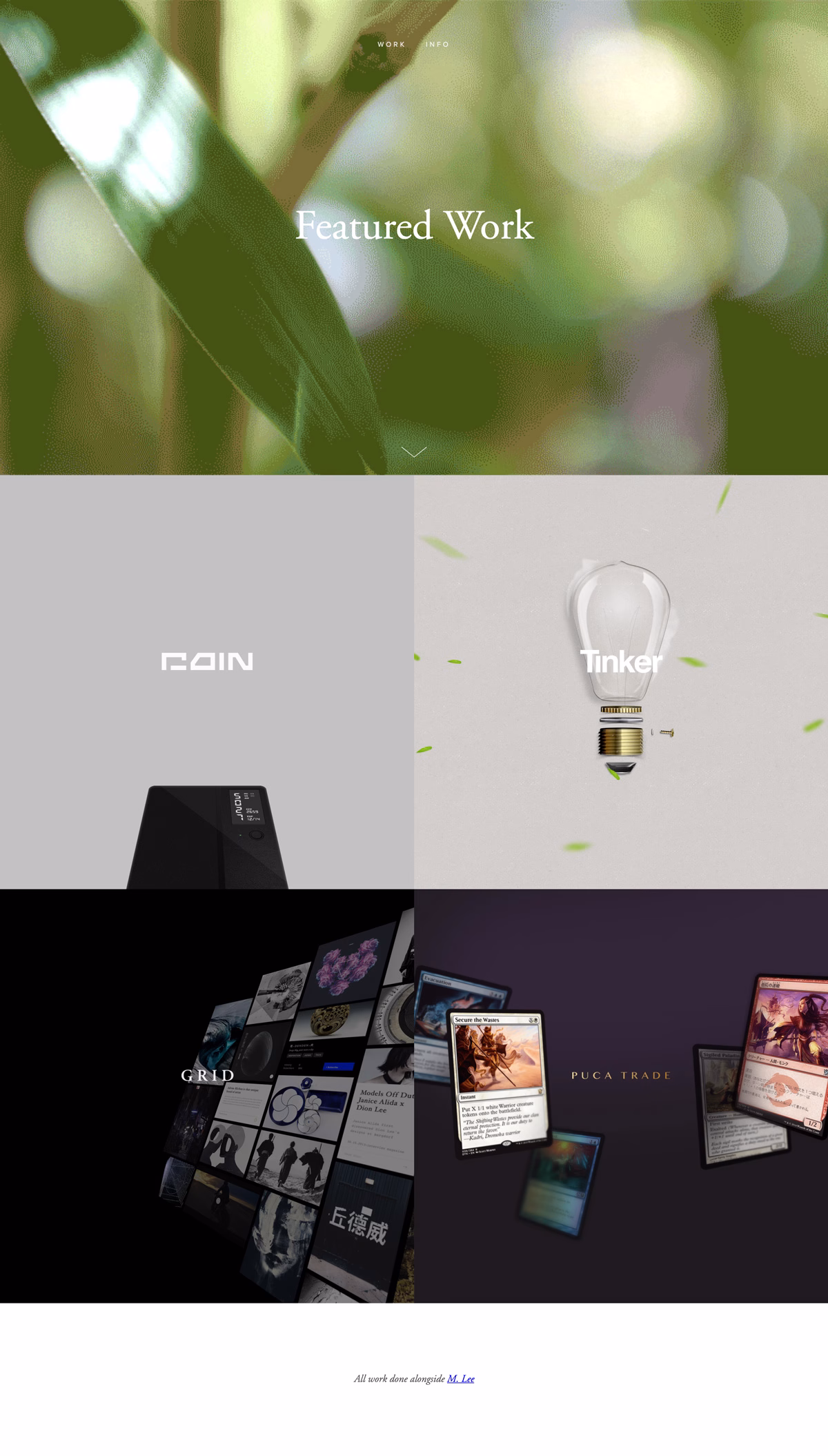 A sleek webpage featuring various project thumbnails and a green background with soft lighting effects.