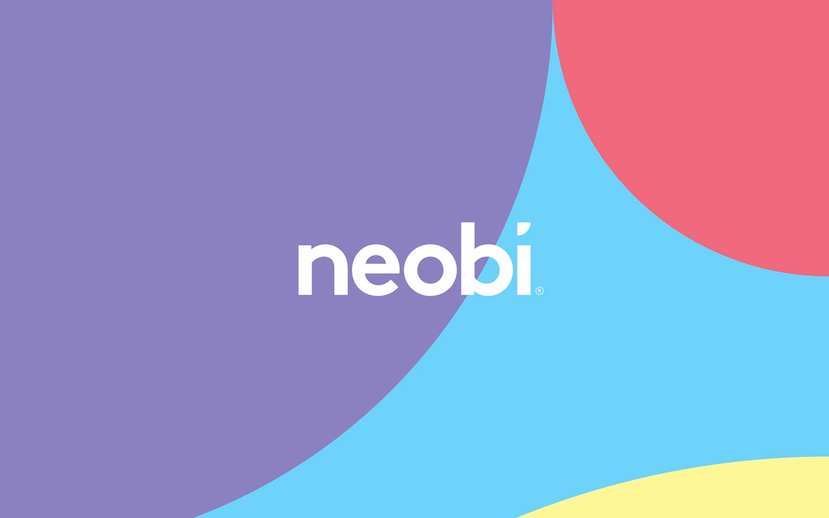The image features a minimalist design with overlapping colorful shapes in purple, red, and blue, and the word "neobi."