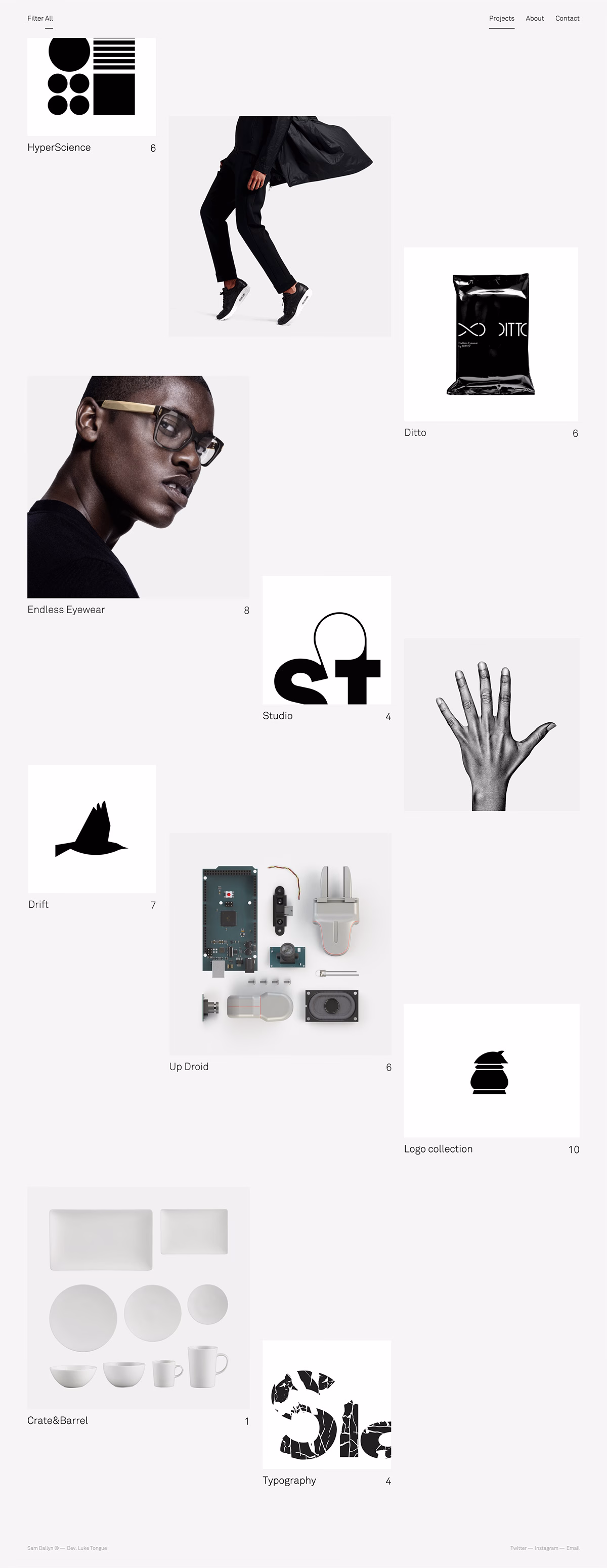A dynamic layout showcasing various design elements including eyewear, tableware, and technology components on a light background.