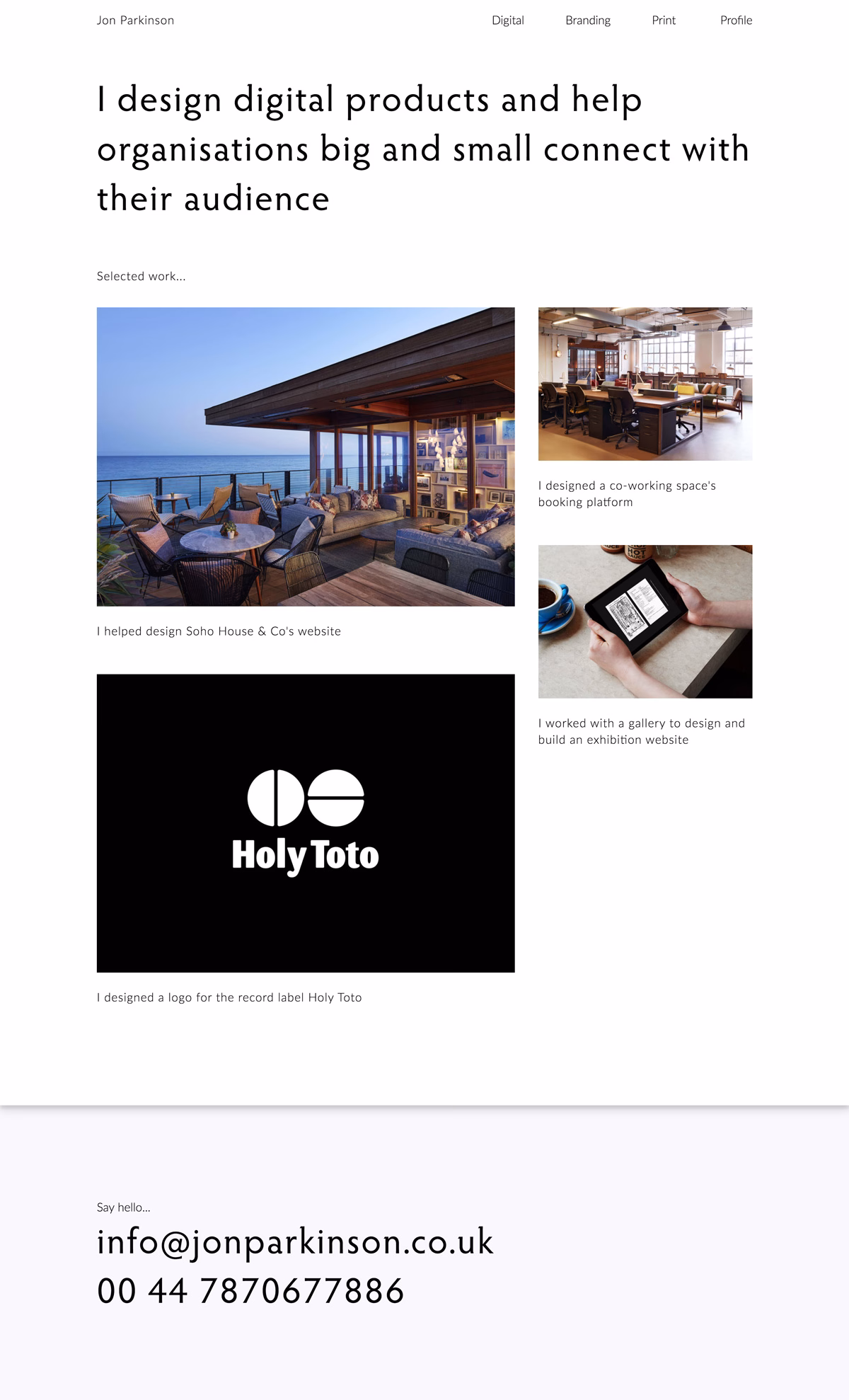 A modern digital portfolio features a clean layout with large images showcasing various design projects and typography.