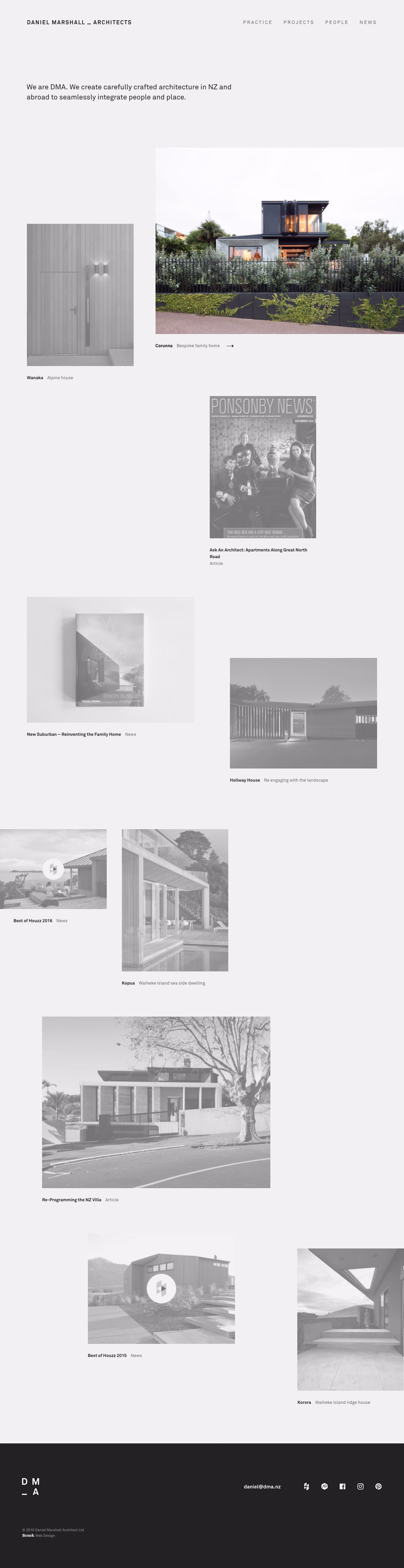 A minimalist website layout featuring a light background, showcasing architectural projects and publications.