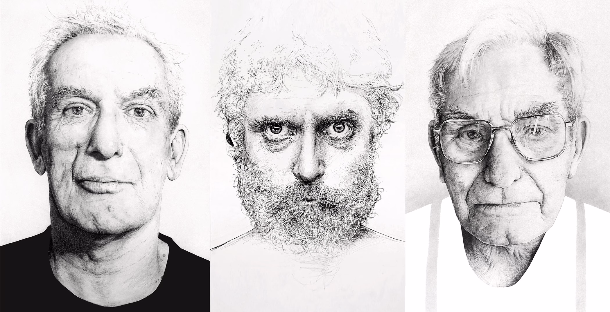 Three portraits of men, each with distinct features, rendered in detailed black and white pencil strokes.