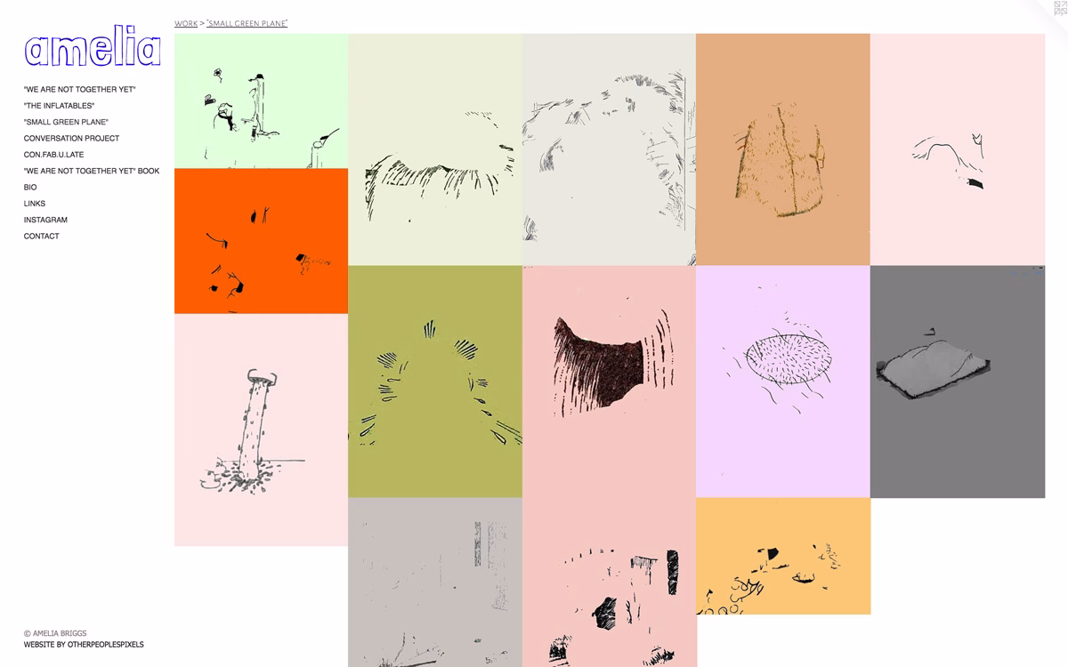 A grid of abstract line drawings in various pastel colors, showcasing minimalistic artistic forms and textures.