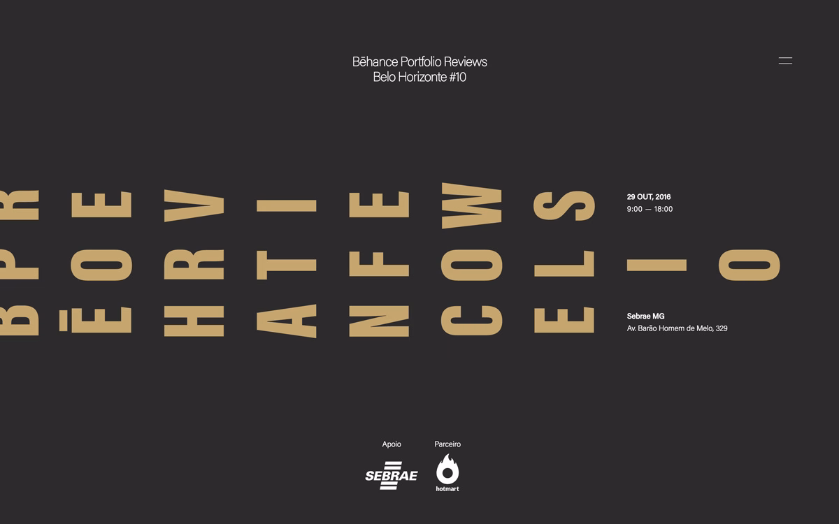 A dark background features large, gold typography announcing the Behance Portfolio Reviews in Belo Horizonte.