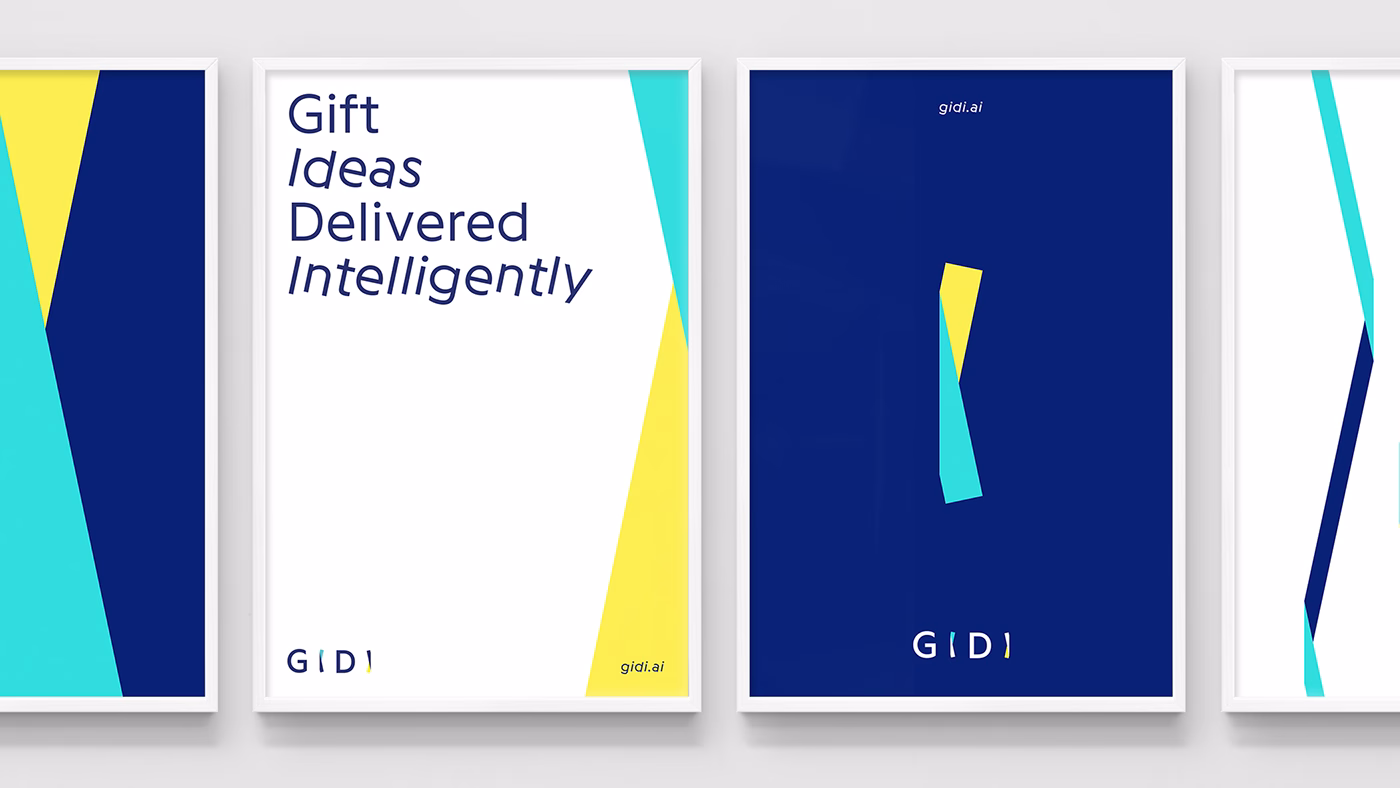 Three framed posters display abstract designs with bold colors like yellow, blue, and turquoise, featuring minimalist text.