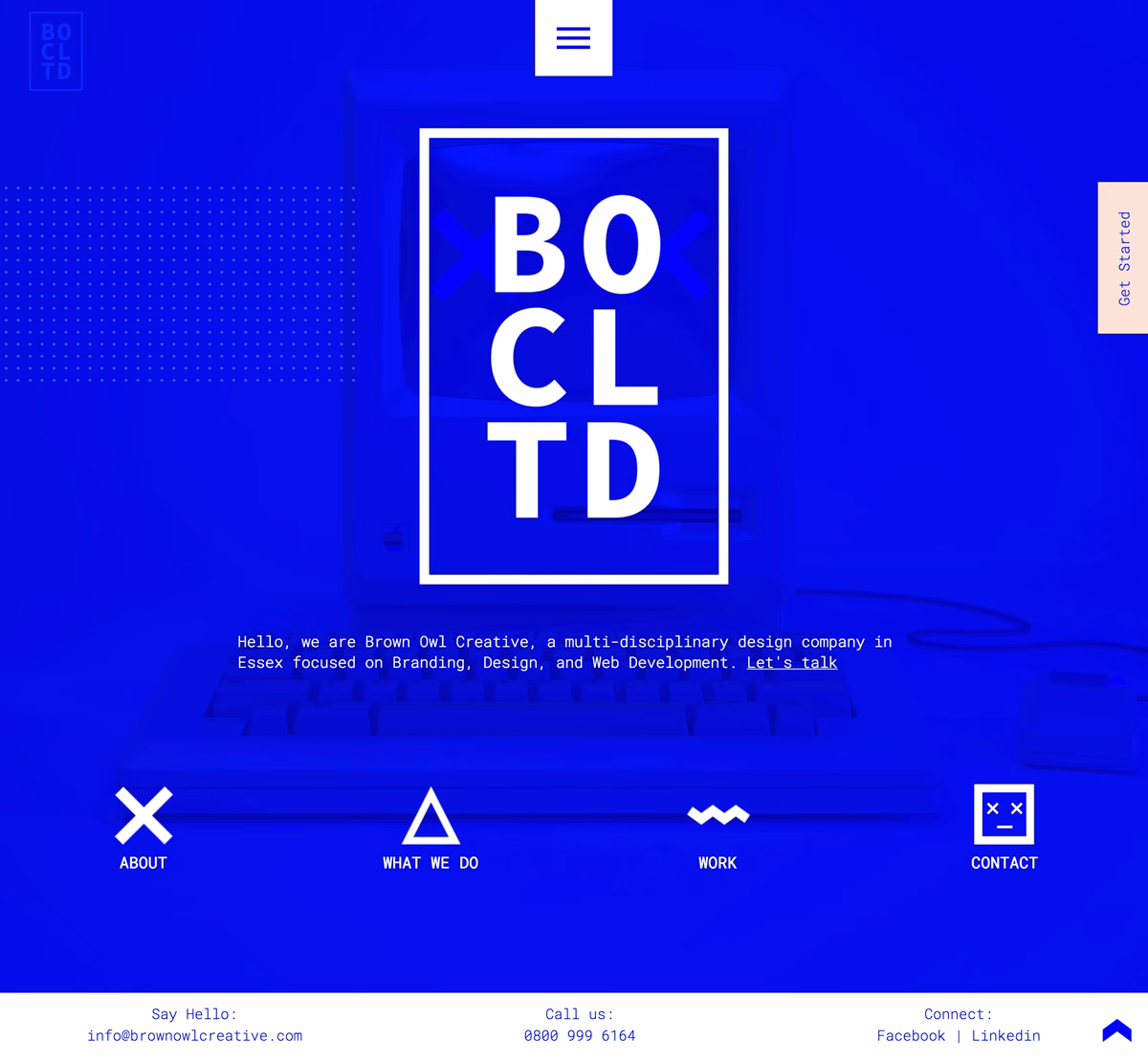 A bold blue webpage features a logo with a geometric design and text about the design services offered.