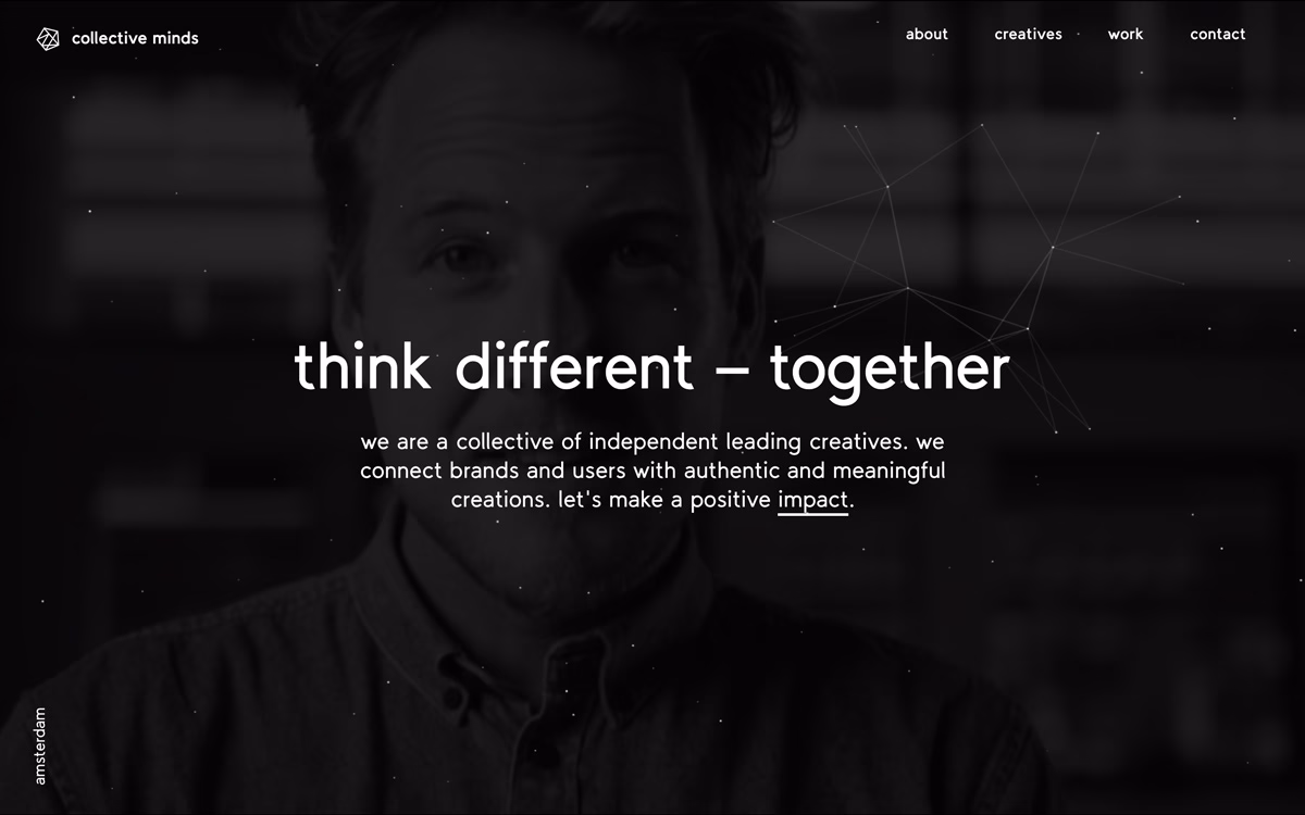 A website display features a man in a dark shirt, with bold typography reading "think different – together" on a black background.