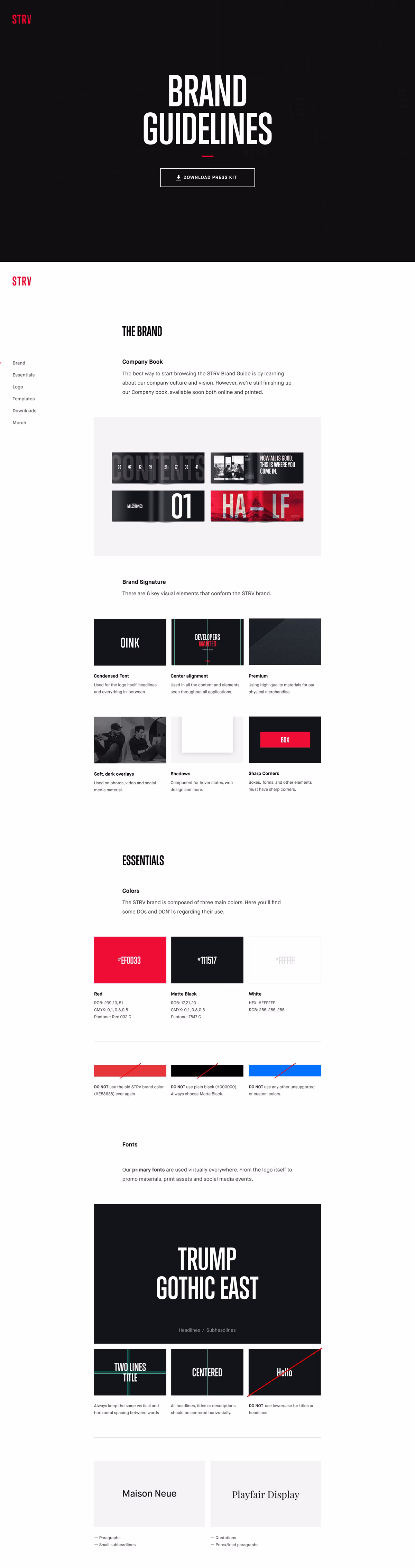 A black-themed brand guideline page featuring bold typography and color specifications for a company, STRV.