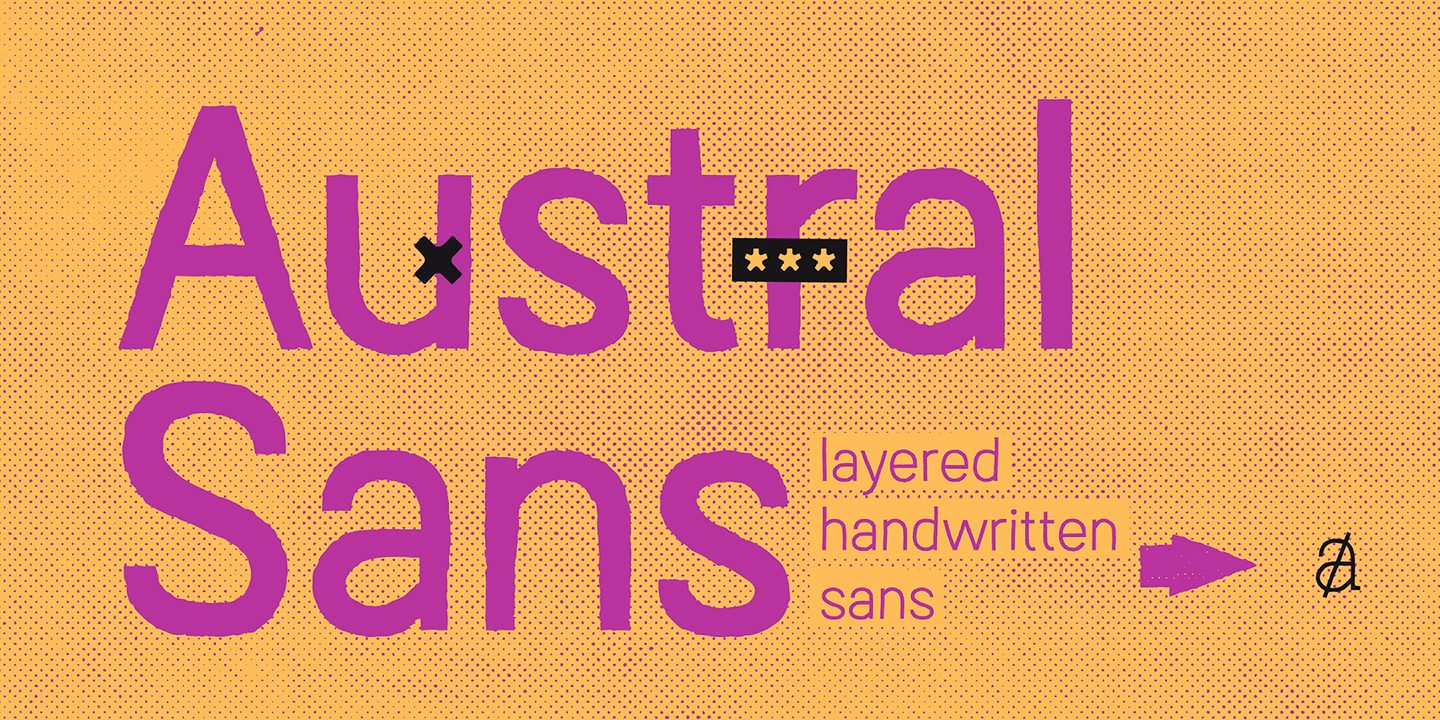 The image features bold, purple typography on a textured orange background, highlighting "Austral Sans" with decorative elements.