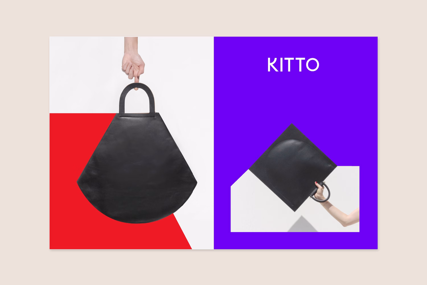 A hand holds a black, circular leather bag against a red and white background, with bold purple and white graphics beside it.