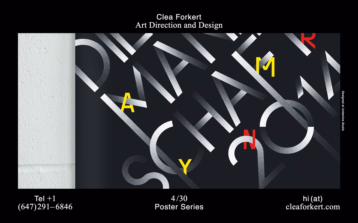 A poster features bold, dynamic typography in silver, yellow, and red against a black background.