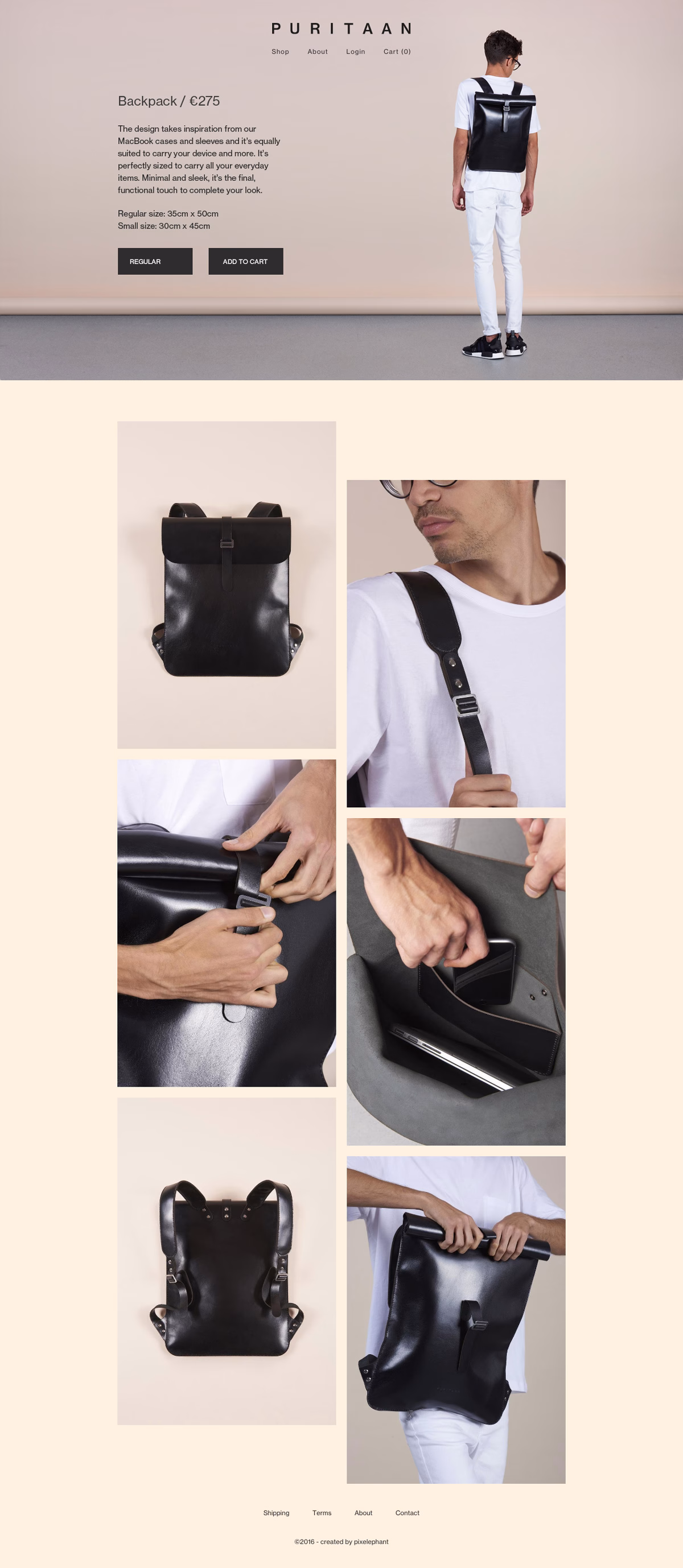 A minimalist black leather backpack with adjustable straps, displayed from multiple angles against a light background.
