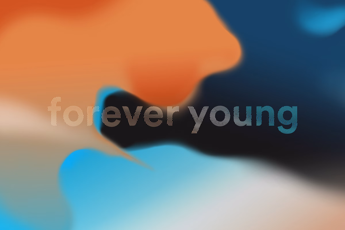 Abstract design featuring soft gradients of orange, blue, and black, with the text "forever young" in striped typography.