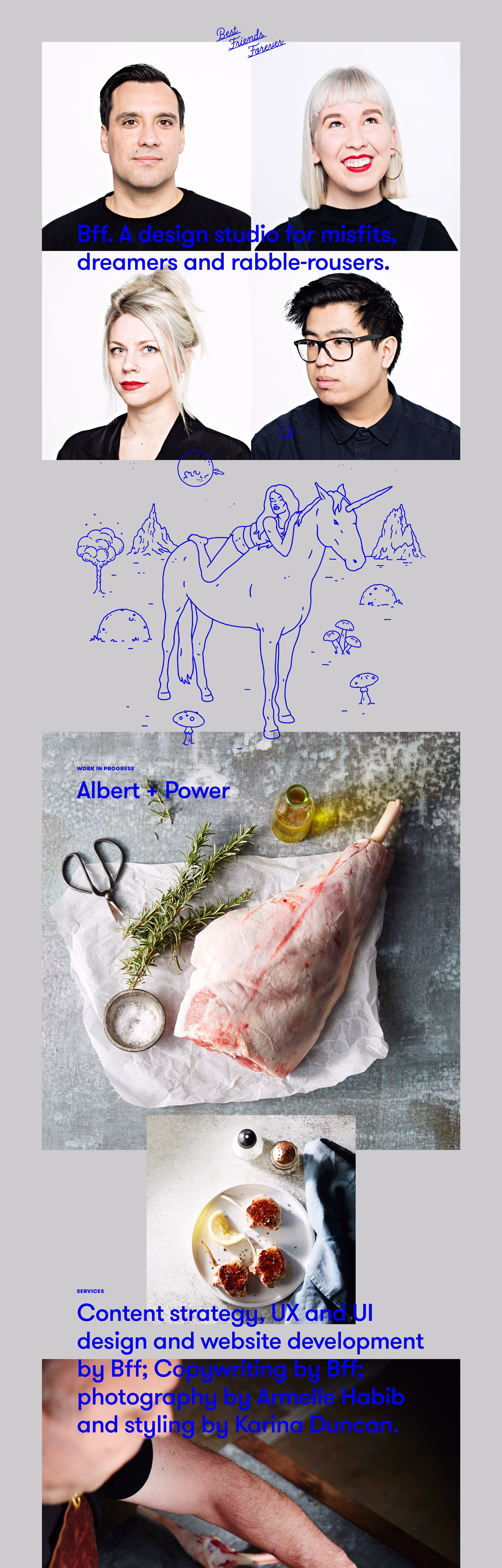 A layout featuring photography of four individuals, along with designs and food elements, prominently in blue typography.