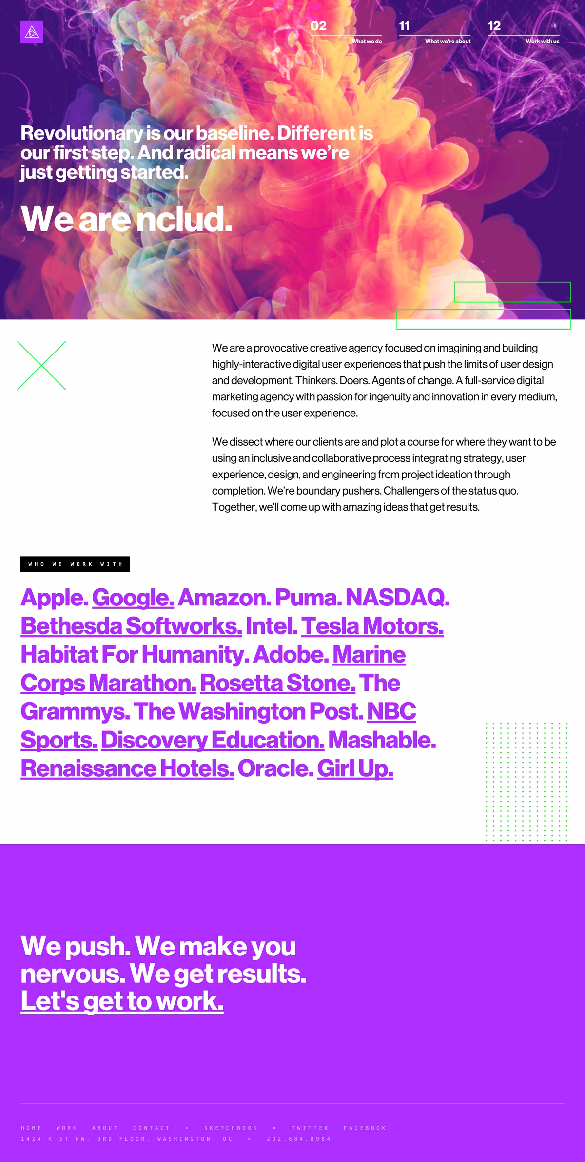 A colorful abstract background features vibrant pinks and purples with bold, white typography overlaying the design.