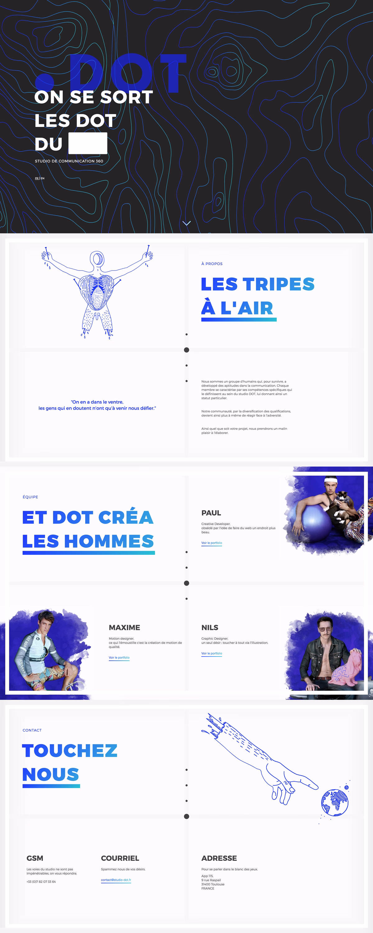 A digital layout featuring blue typography on a black background, showcasing illustrations and text about a communication studio.
