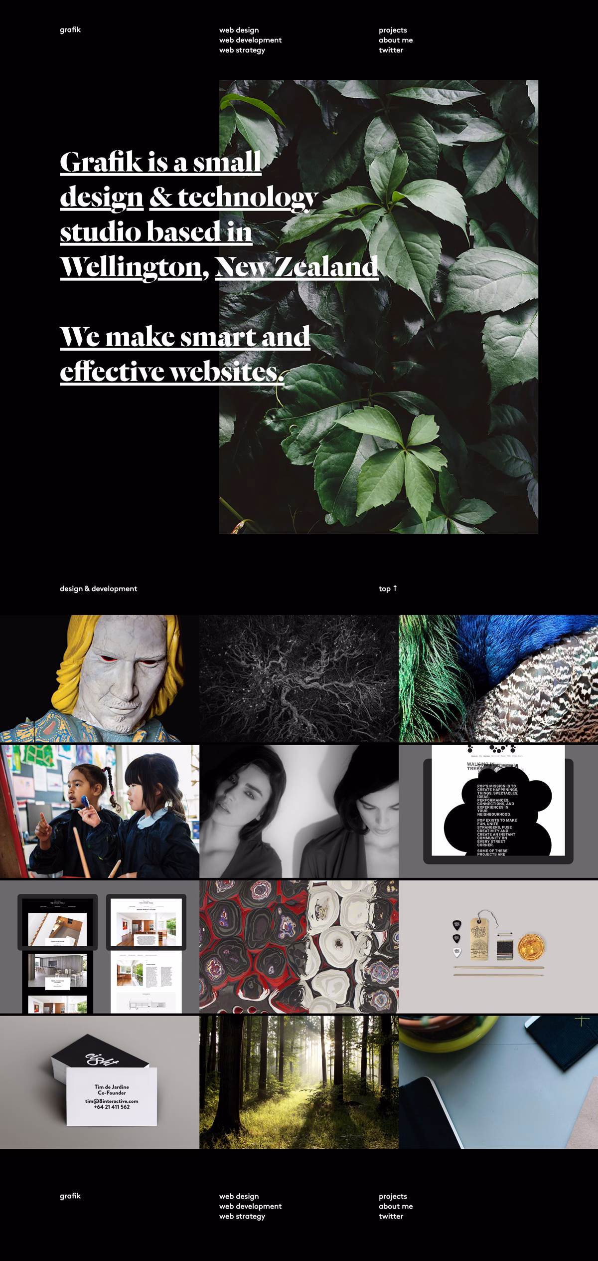 A collage of images features natural elements, design projects, and portraits against a black background, highlighting versatility.