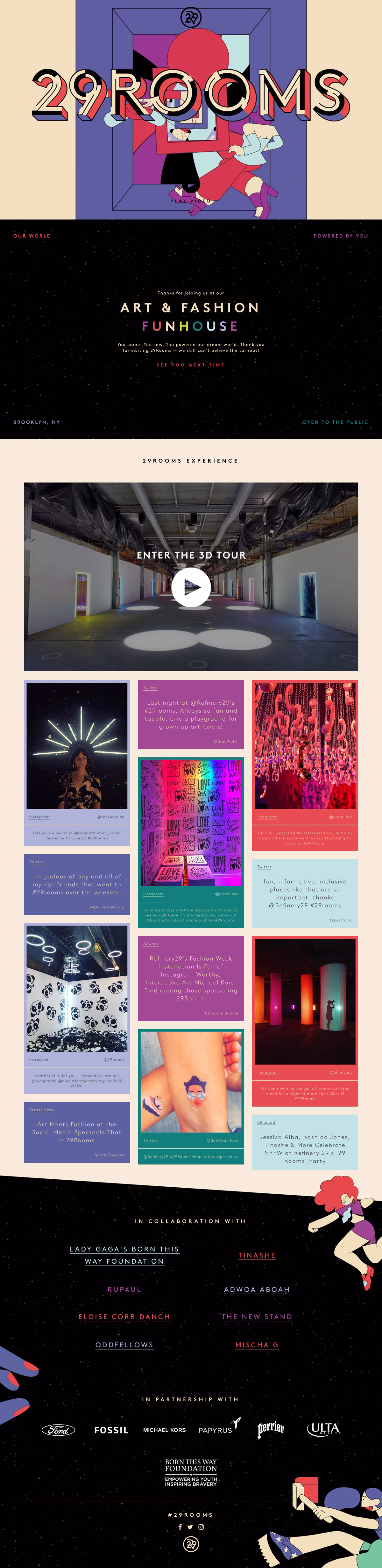 A digital poster features bold colors and playful typography promoting the 29Rooms art and fashion event in Brooklyn, NY.