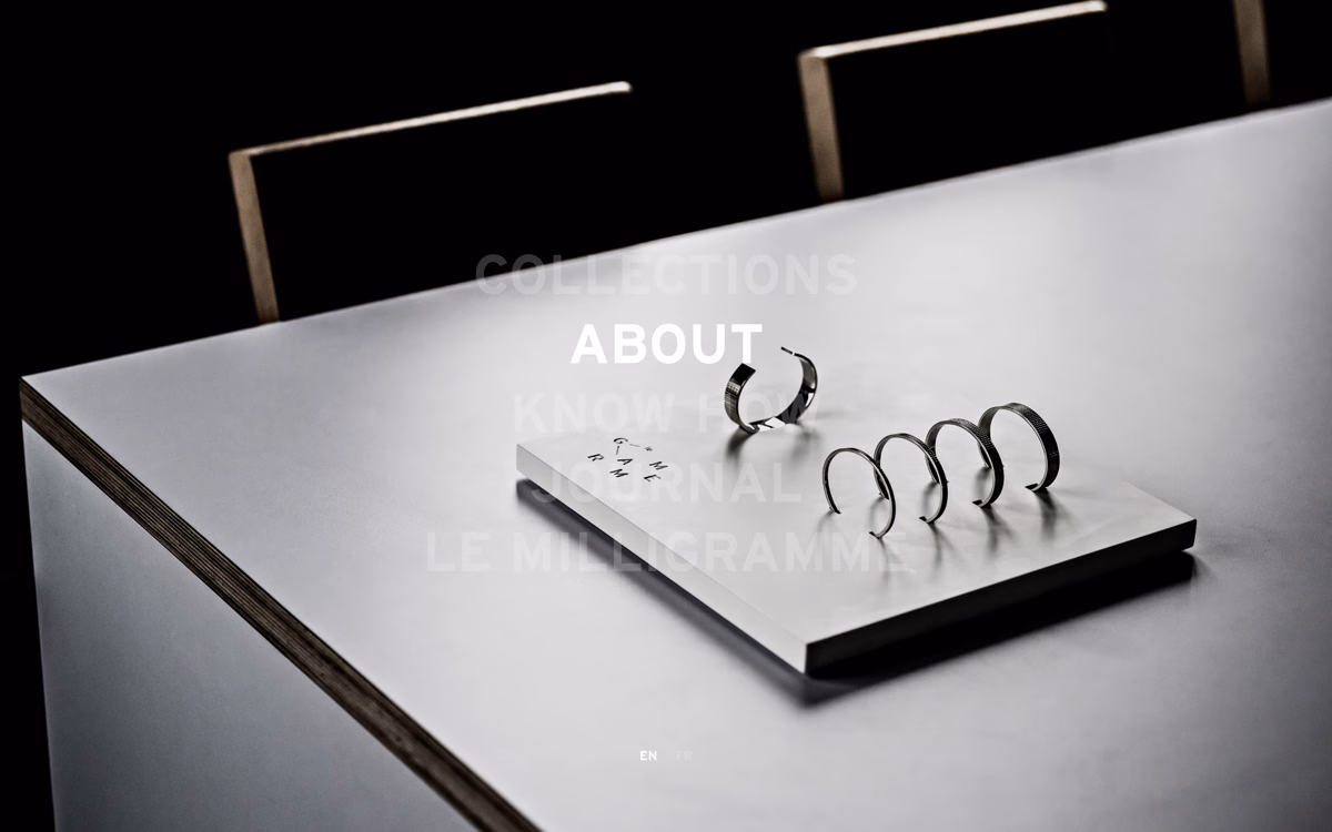 A minimalist display featuring several metal rings on a gray platform, with a dark background.