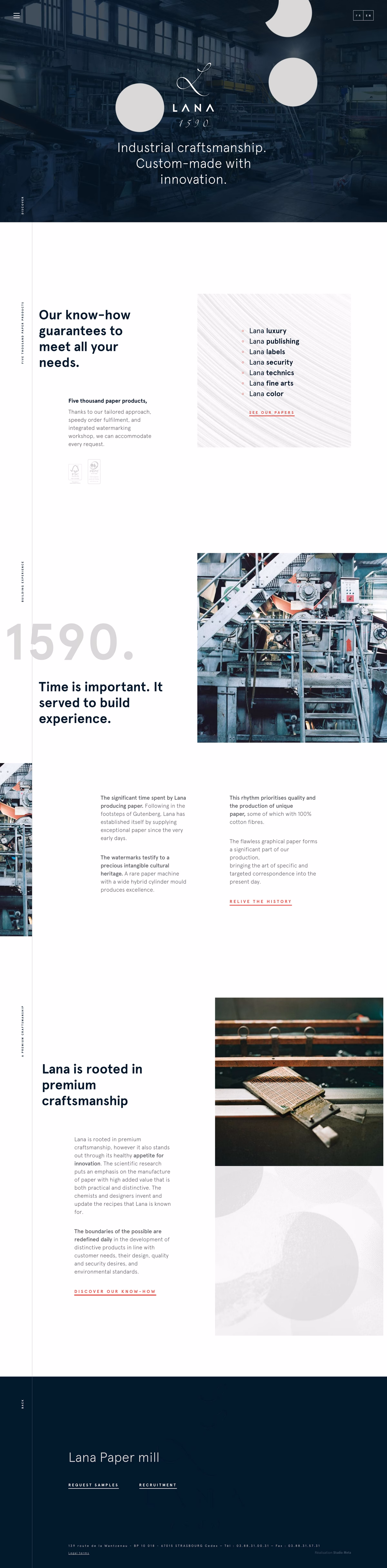 A clean and modern webpage displays industrial imagery alongside text about craftsmanship and innovation in paper production.