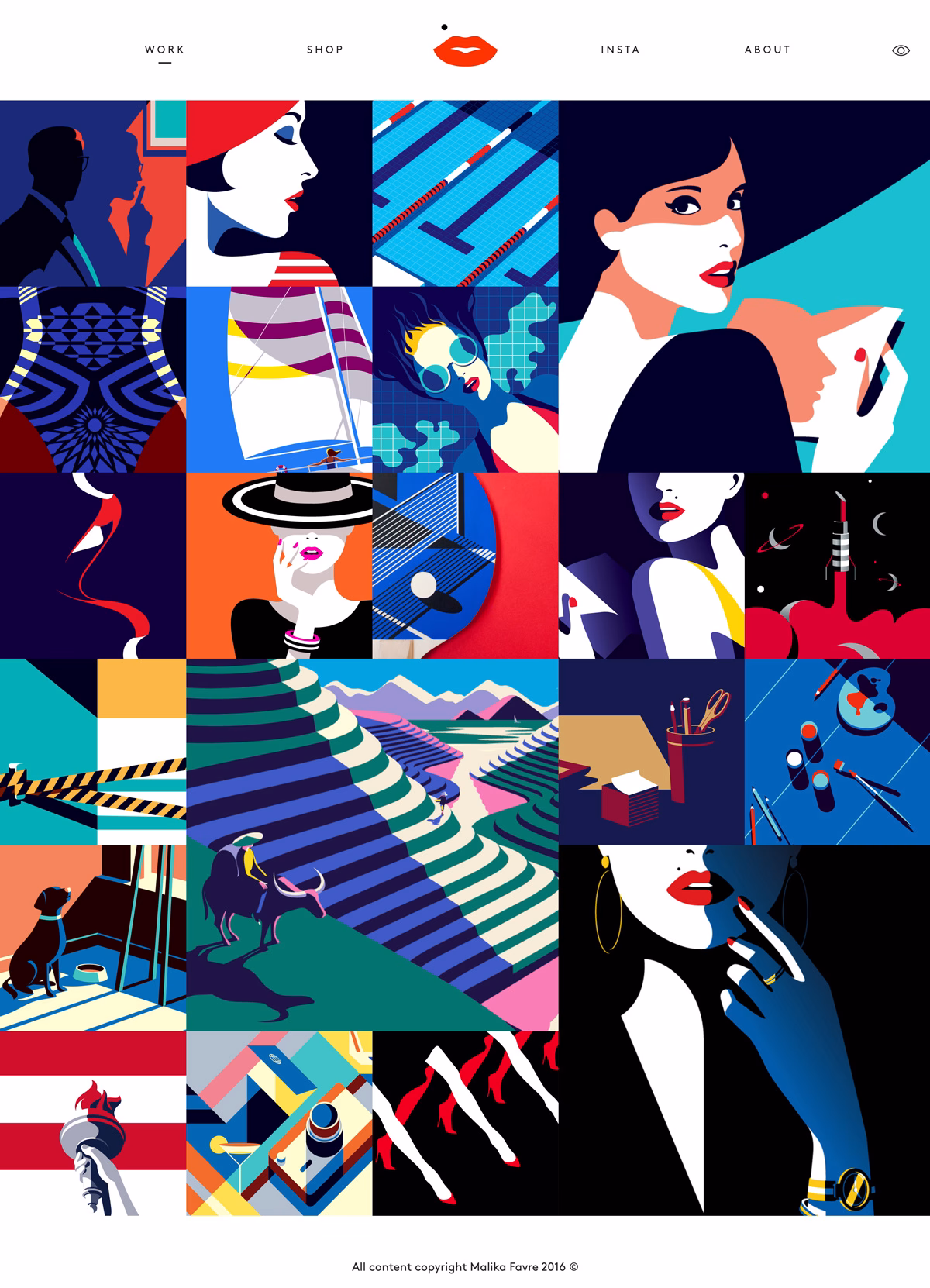 A vibrant collage of illustrations featuring diverse subjects, bold colors, and graphic shapes throughout.