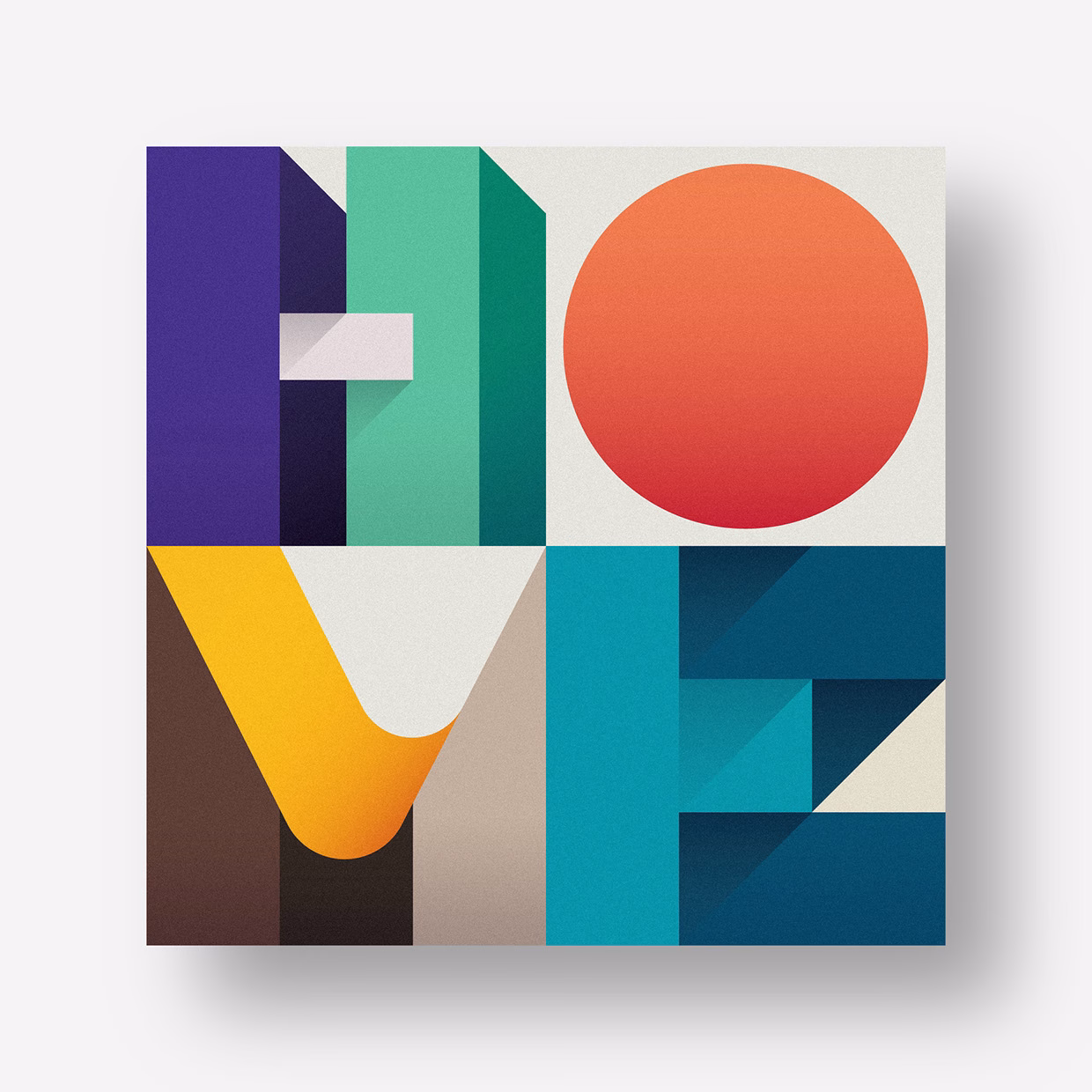 A vibrant geometric composition spells "LOVE" with contrasting colors and shapes, featuring a large orange circle.