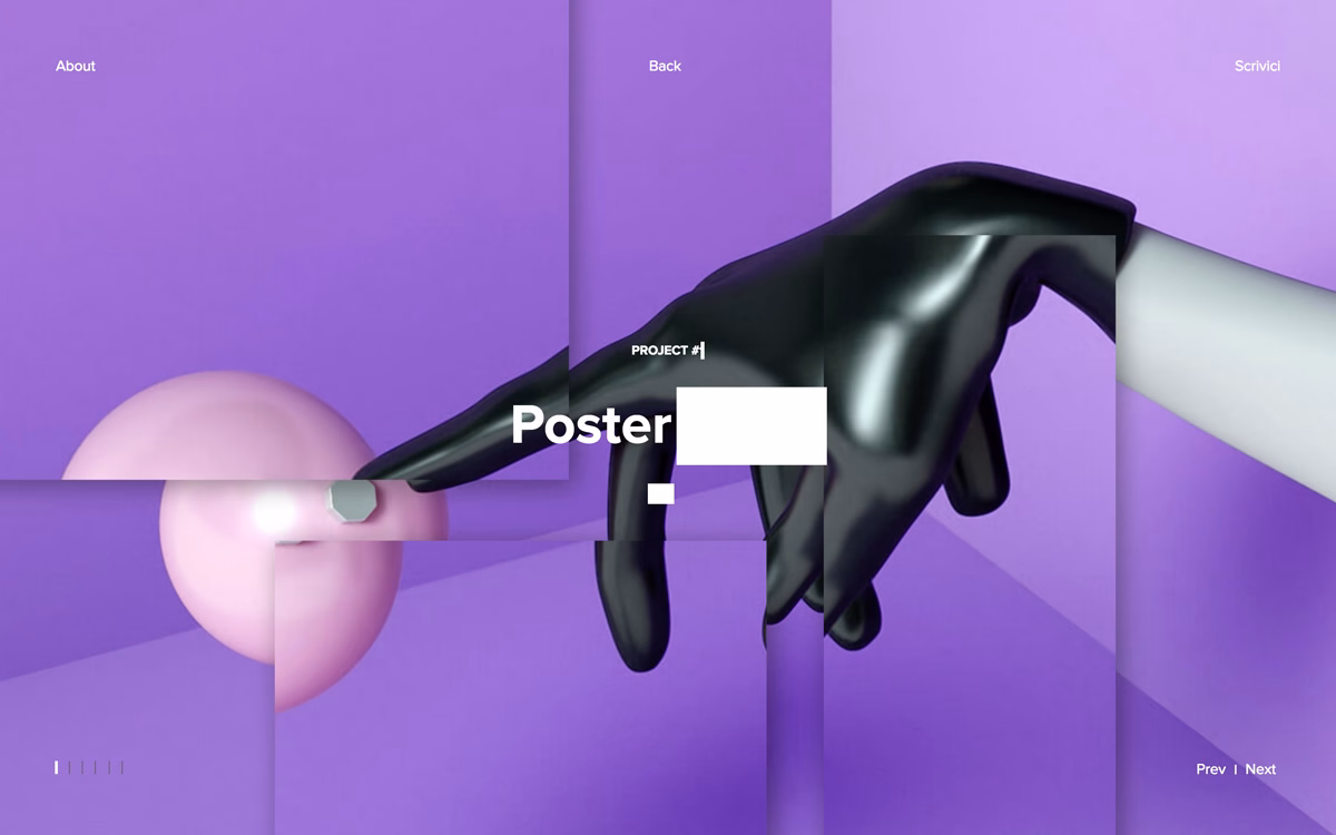 A black-gloved hand reaches towards a glossy pink sphere against a soft purple background, divided into geometric sections.