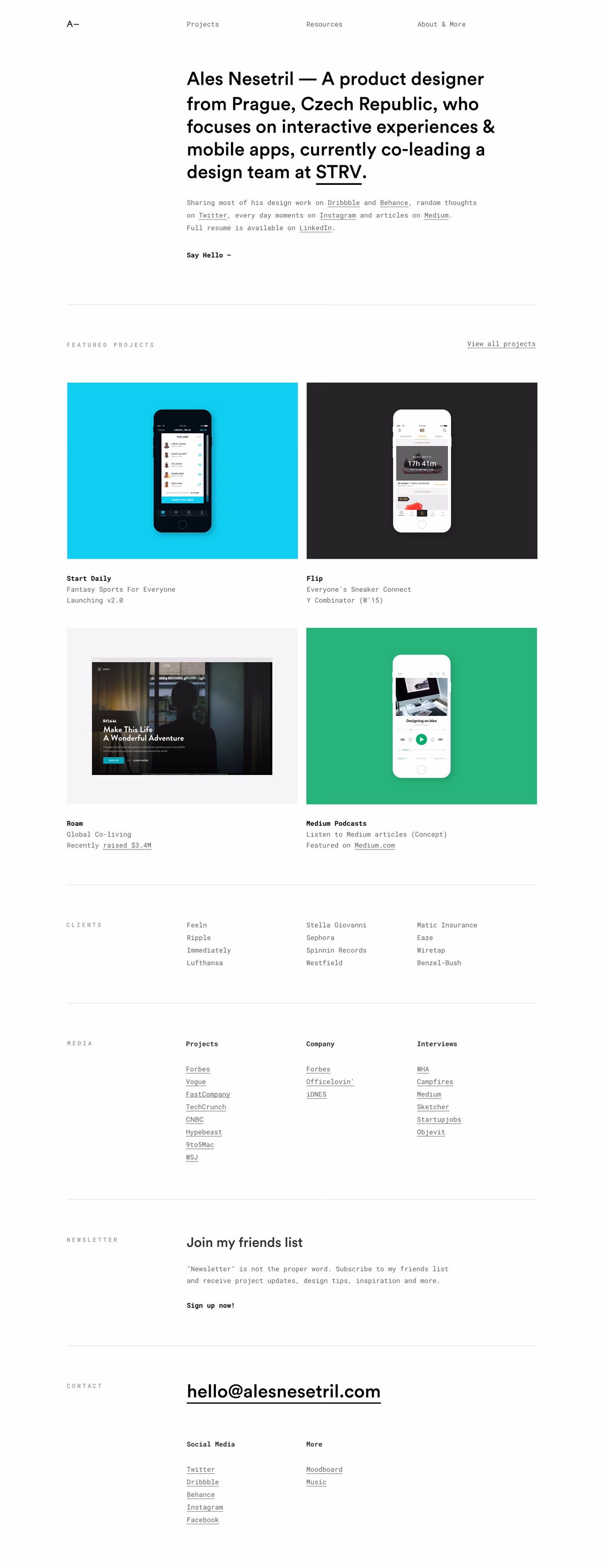 A clean webpage featuring a designer's portfolio, with colorful project thumbnails and minimalist typography.