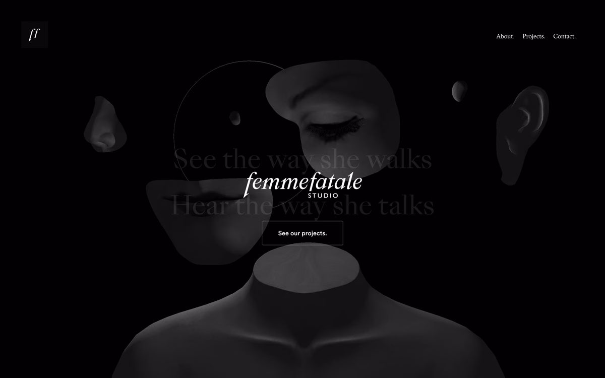 A dark, minimalist design features abstract facial forms and elegant white typography against a black background.