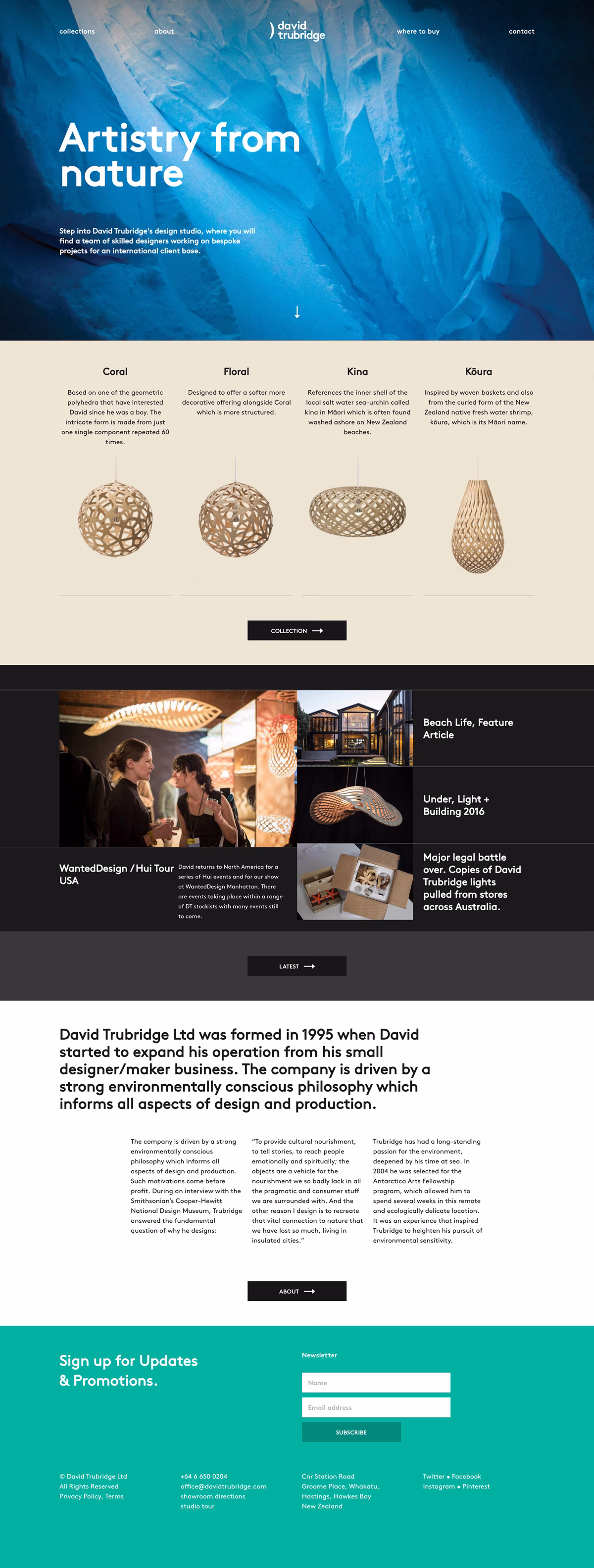 A light design webpage featuring intricate wooden lamp forms against a light beige background, emphasizing natural artistry.