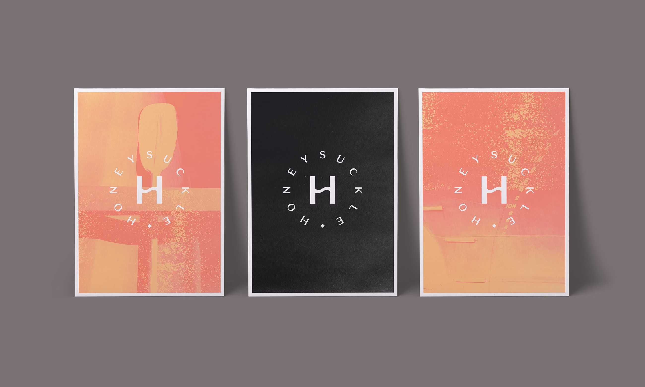 Three art prints with a circular graphic and the word "HONEYSUCKLE," featuring warm coral and a black background.