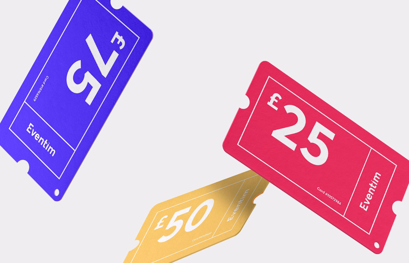 Three ticket cards float against a white background, colored purple, red, and gold, featuring bold white text.