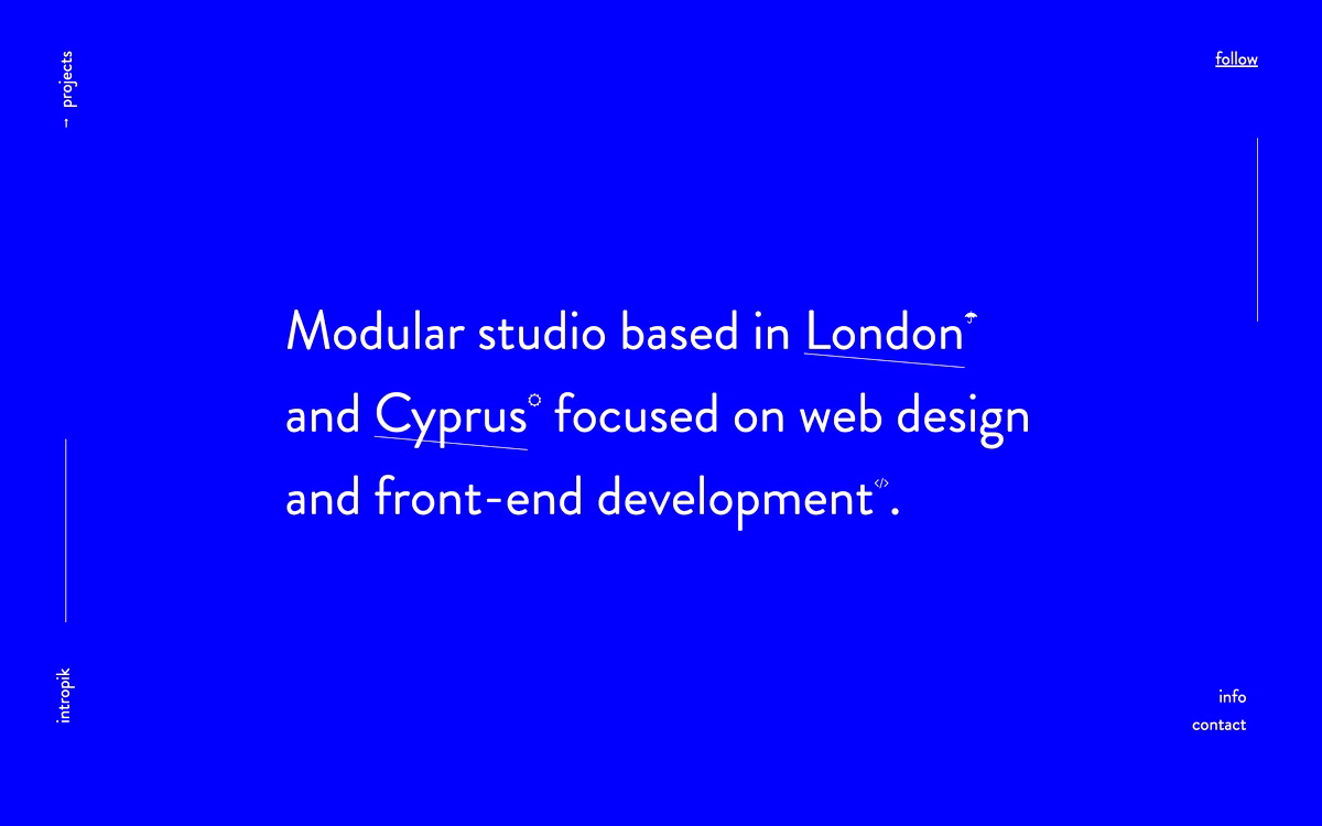 A vibrant blue background features white text detailing a modular studio focused on web design and development.