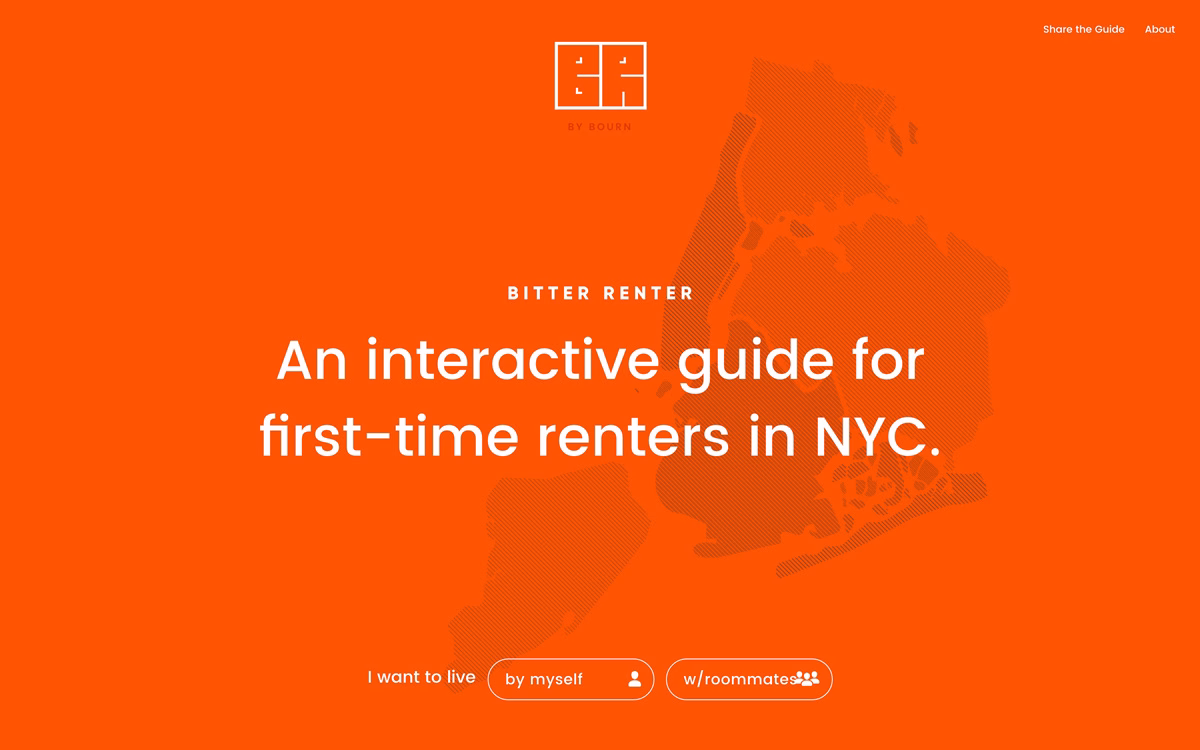 Orange background featuring text about a rental guide for first-time renters in NYC, with a map outline of the city.