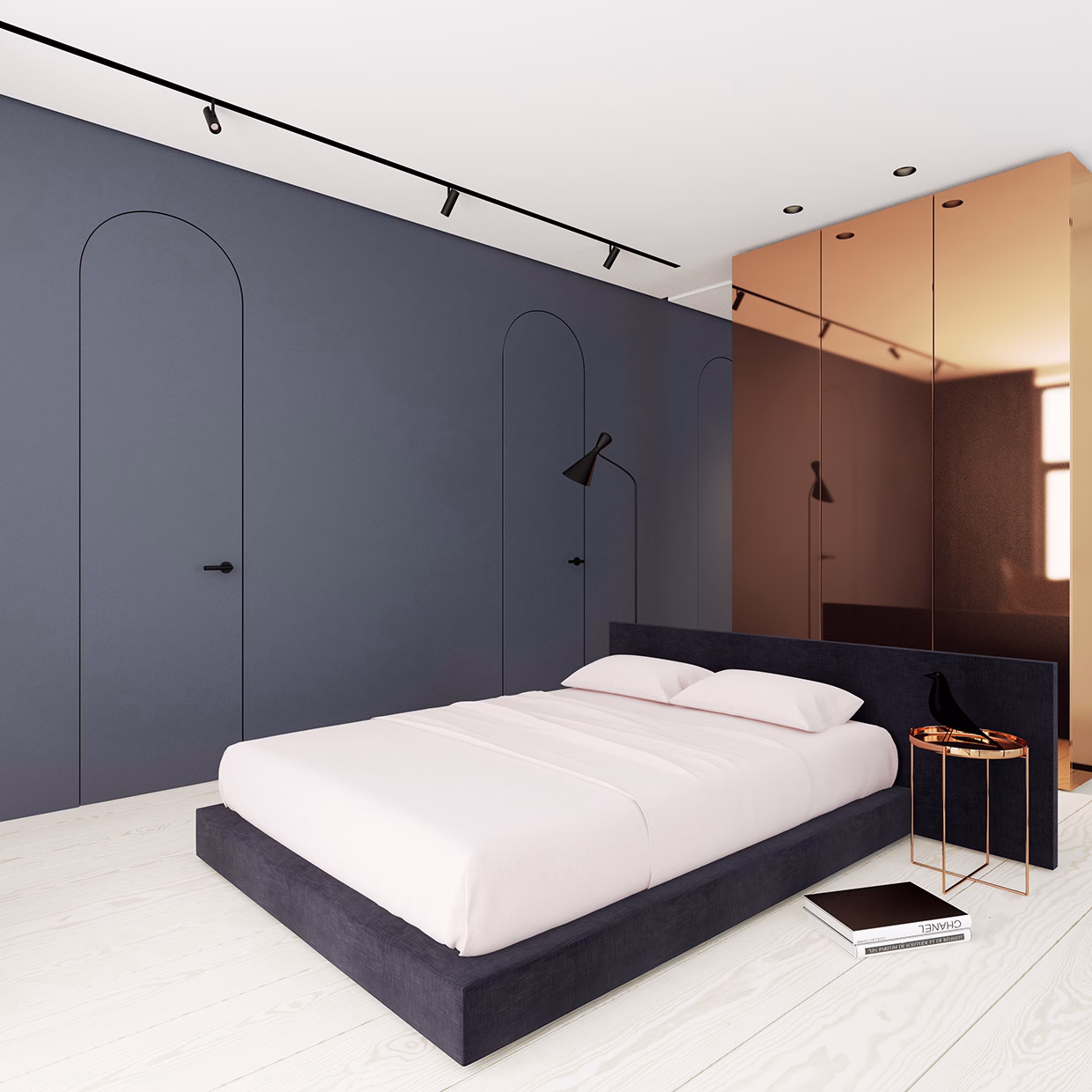 A minimalist bedroom features a dark blue wall with arched designs, a soft pink bedspread, and a reflective gold wardrobe.