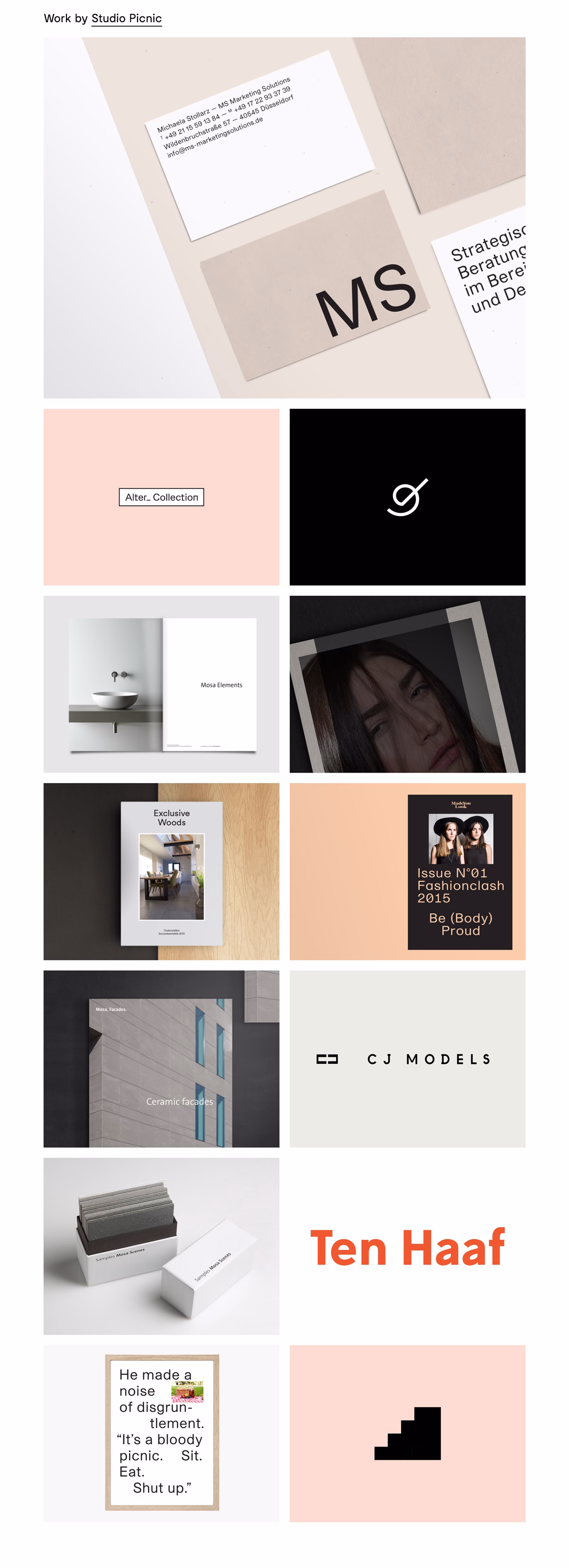 A grid of various design works featuring typography, photography, and muted colors, showcasing branding and publications.