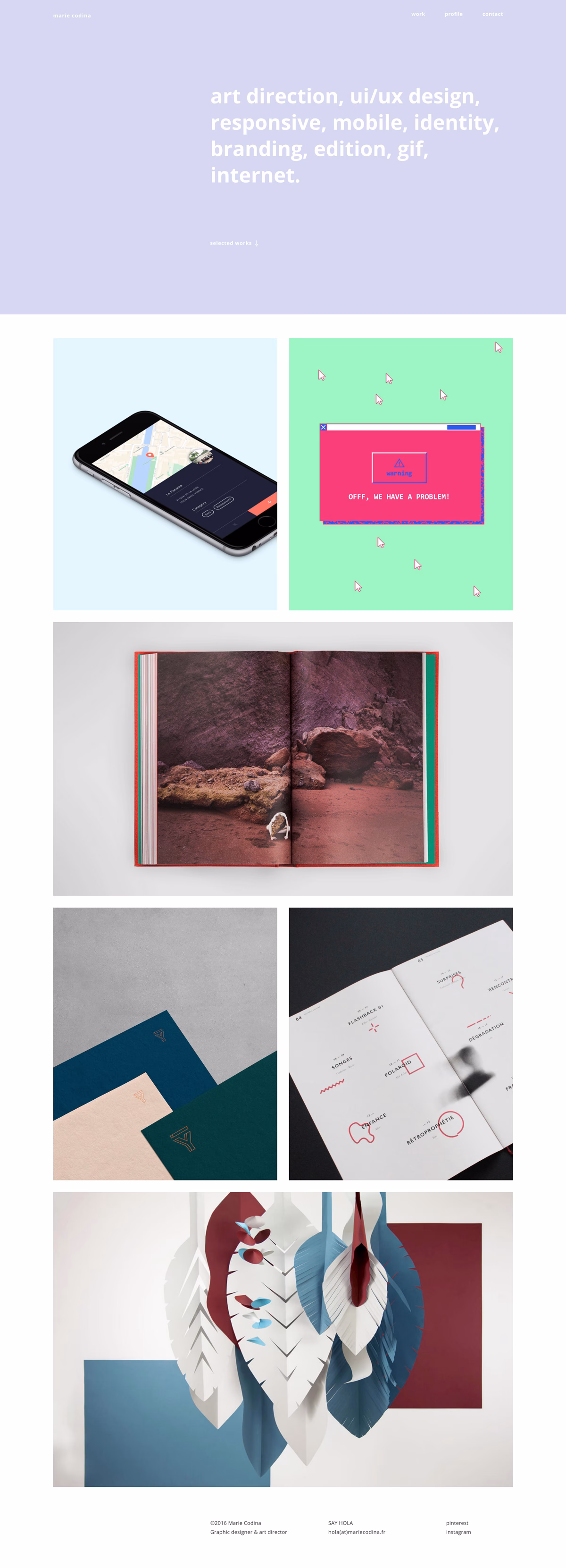 A collection of design projects showcases vibrant colors and diverse forms, including a mobile interface and paper art.