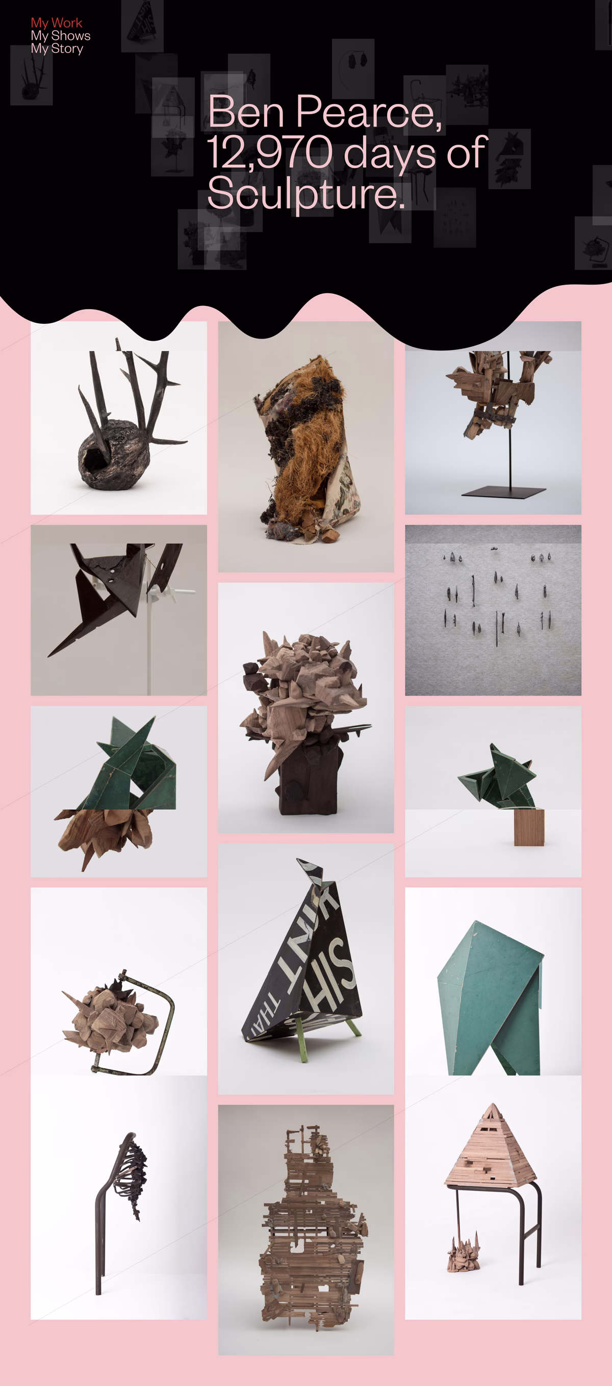A collection of diverse sculptures arranged on a pink background, showcasing various organic and geometric forms.