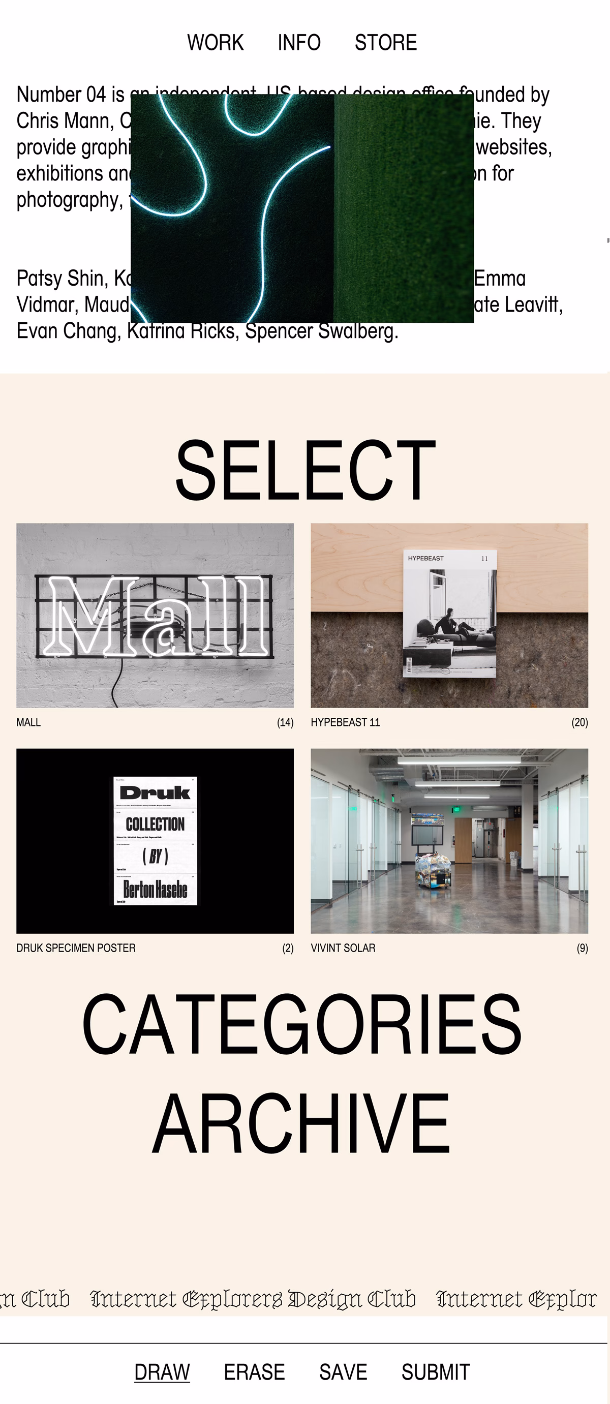 A collage of graphic design elements featuring neon text and a magazine. The layout uses minimalist typography against a pale background.