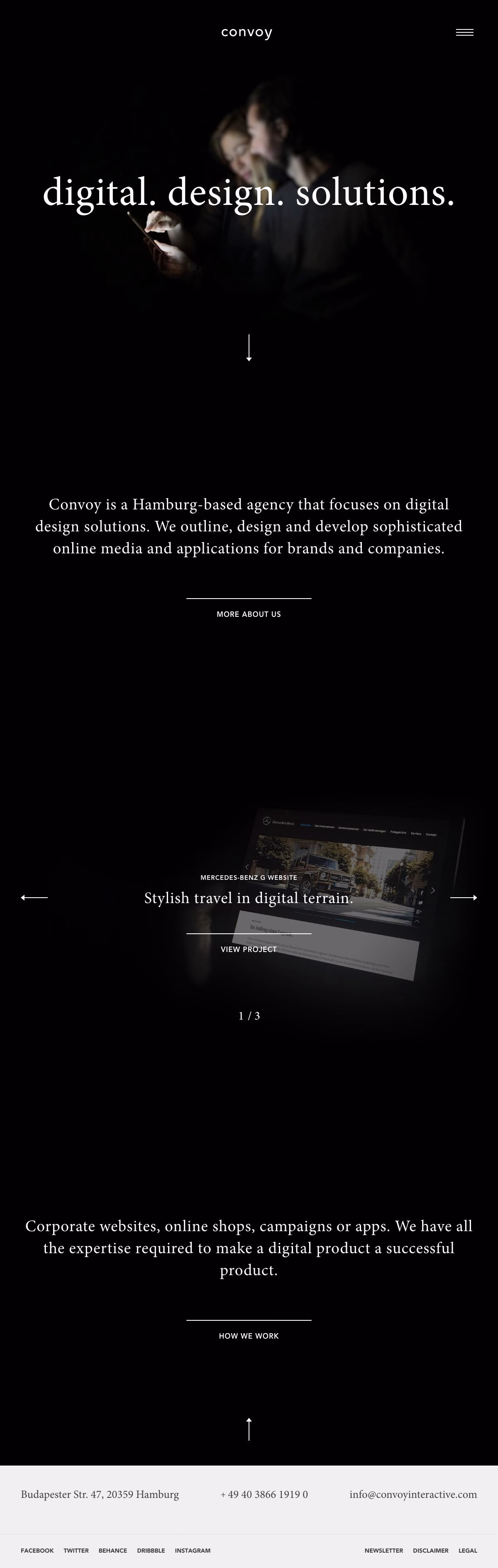 A dark-themed digital agency website displays project highlights in bold white typography on a minimal layout.