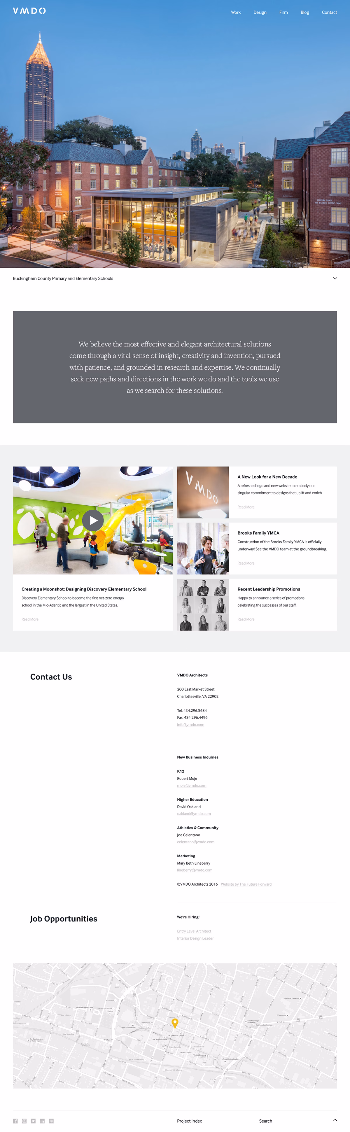 A modern architectural website layout featuring a clean design with a blue and white color scheme, showcasing various projects.