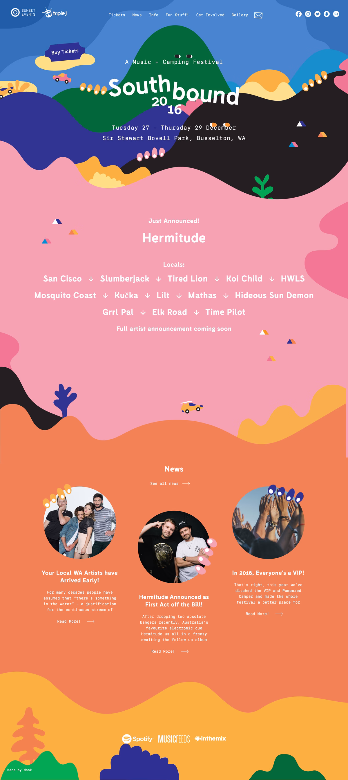 A colorful festival website featuring bold shapes, playful typography, and event details for Southbound 2016.