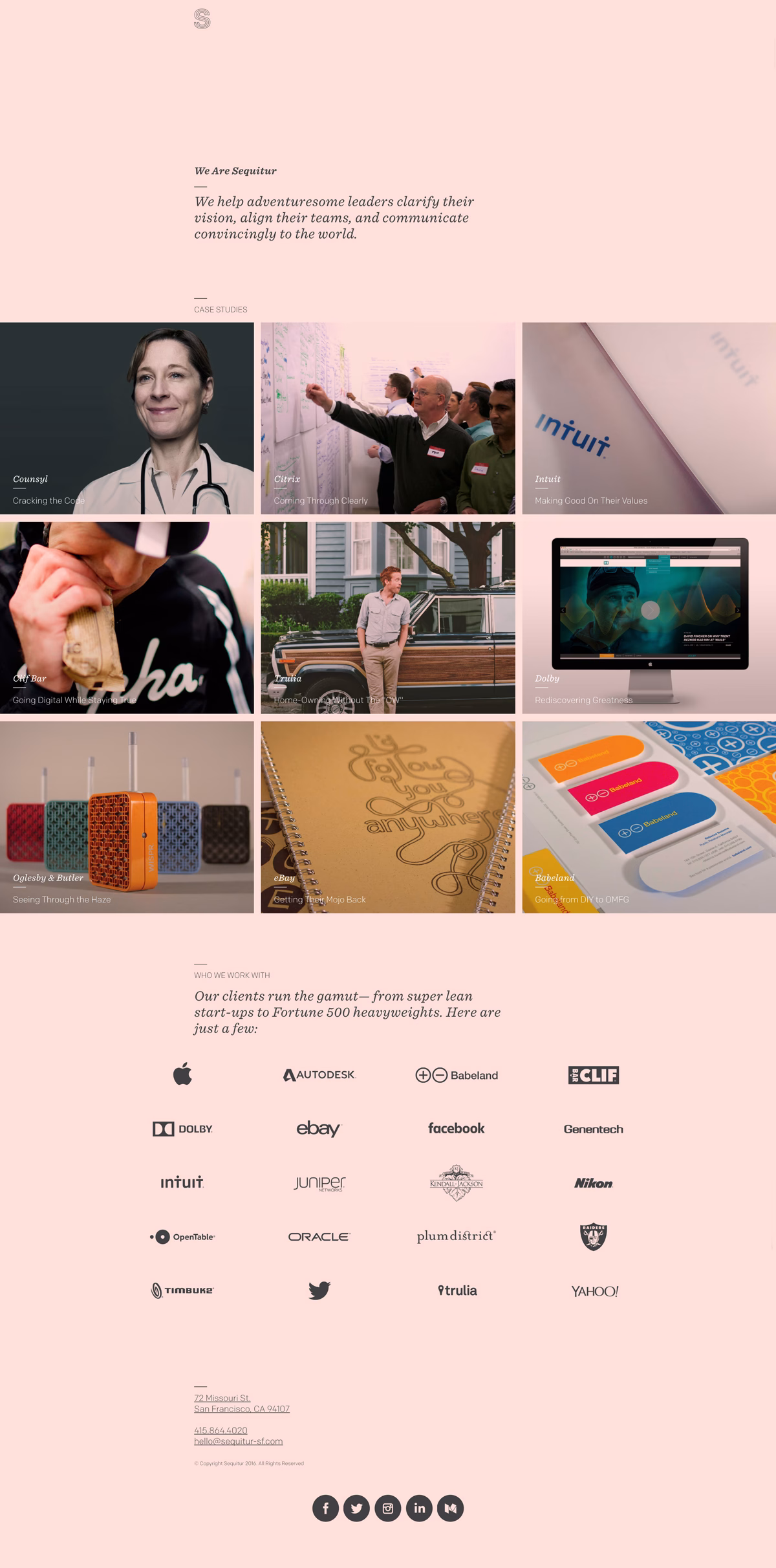 A gallery of images featuring diverse individuals collaborating, branding materials, and colorful products on a pink background.
