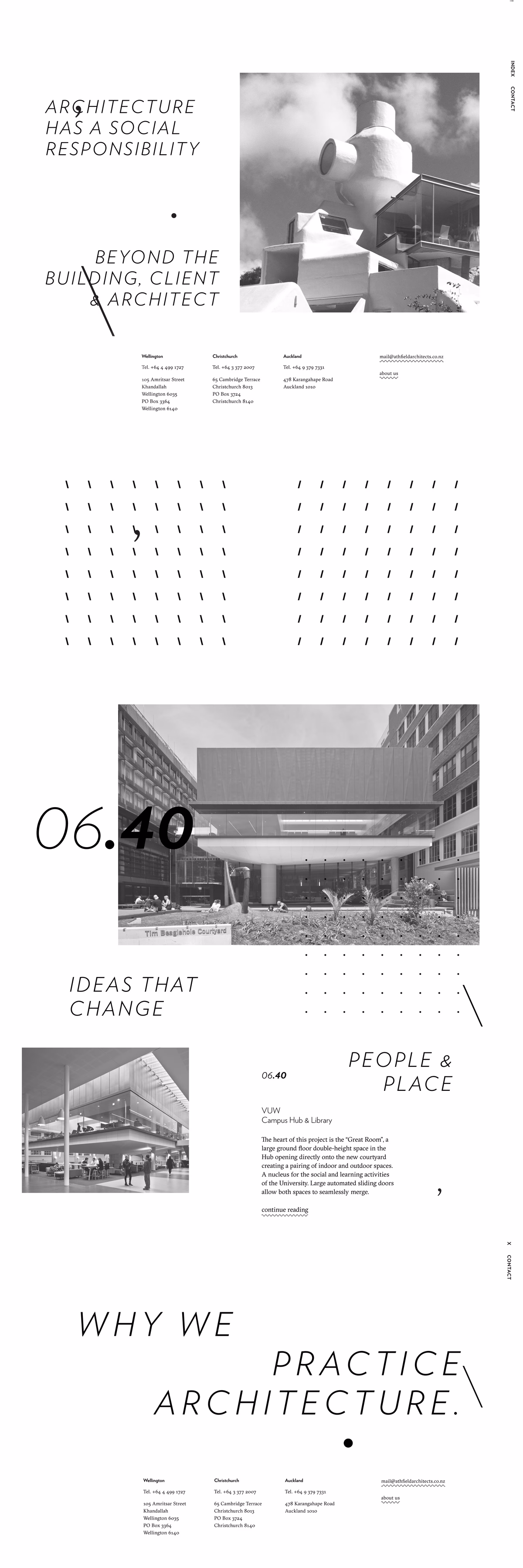 A layout features bold typography and images of architectural spaces, emphasizing social responsibility in design.