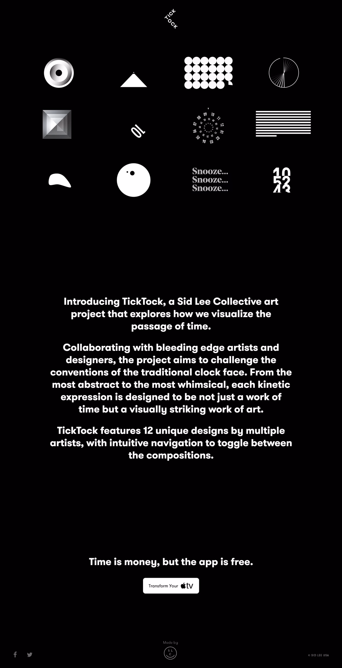 A grid of abstract clock designs in white on a black background, exploring the theme of time.