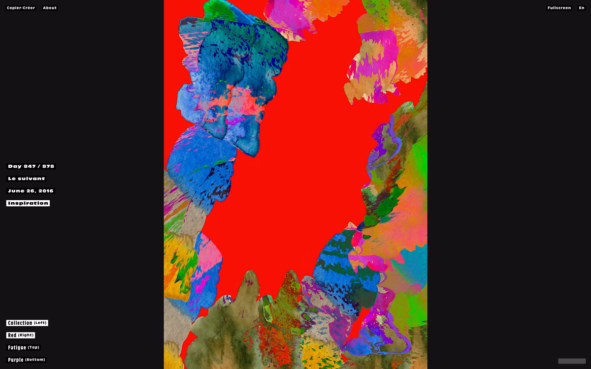 A vibrant mix of colors, including bold reds and blues, forms an abstract composition against a dark background.