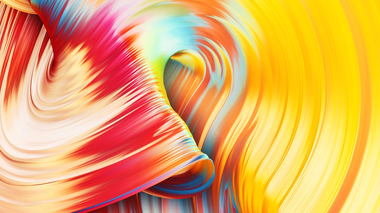 A swirl of vibrant colors—reds, yellows, and blues—creates a dynamic, fluid motion.